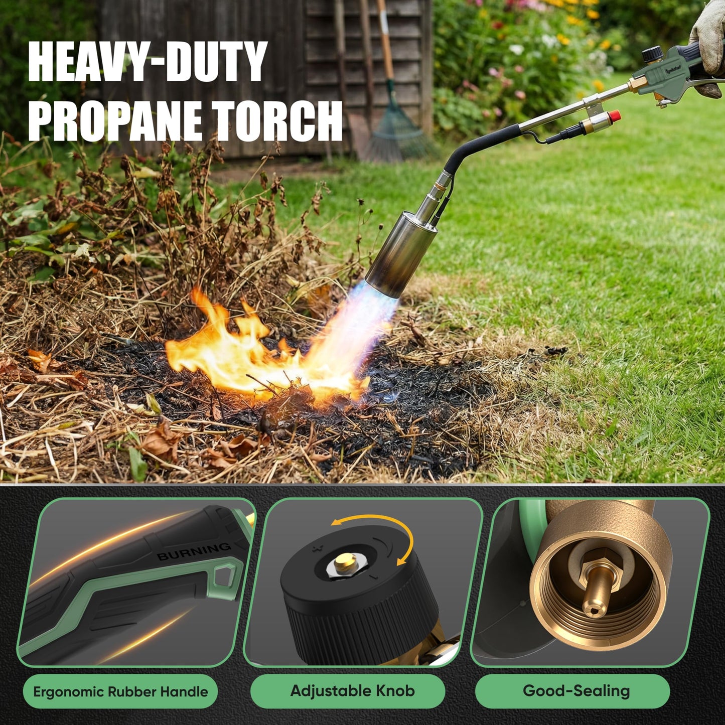 Propane Torch Weed Burner Heavy Duty-340,000 BTU Weed Torch with 2 Extension Modes, Piezo Trigger(Self Igniting)&12.5ft Hose, Multi-Fuel Compatible(1lb-100lb) for Weeds, Ice Melting, Roofing, Green