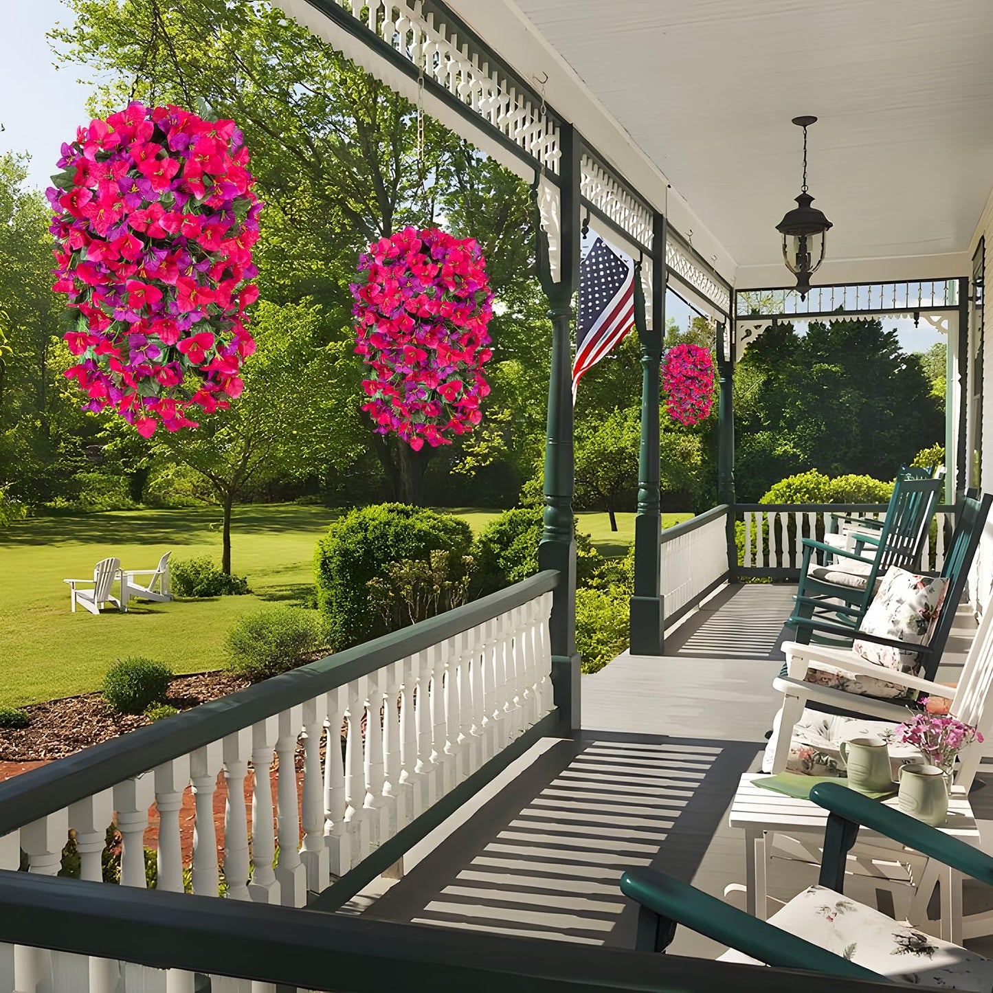 INXUGAO 2 pcs Artificial Faux Bougainvillea Flowers Plants for Outdoor Outside Summer Decoration, Fake Silk UV Resistant Long Trailing Vines for Front Door Porch Planter Balcony (Rose Deep Lotus)