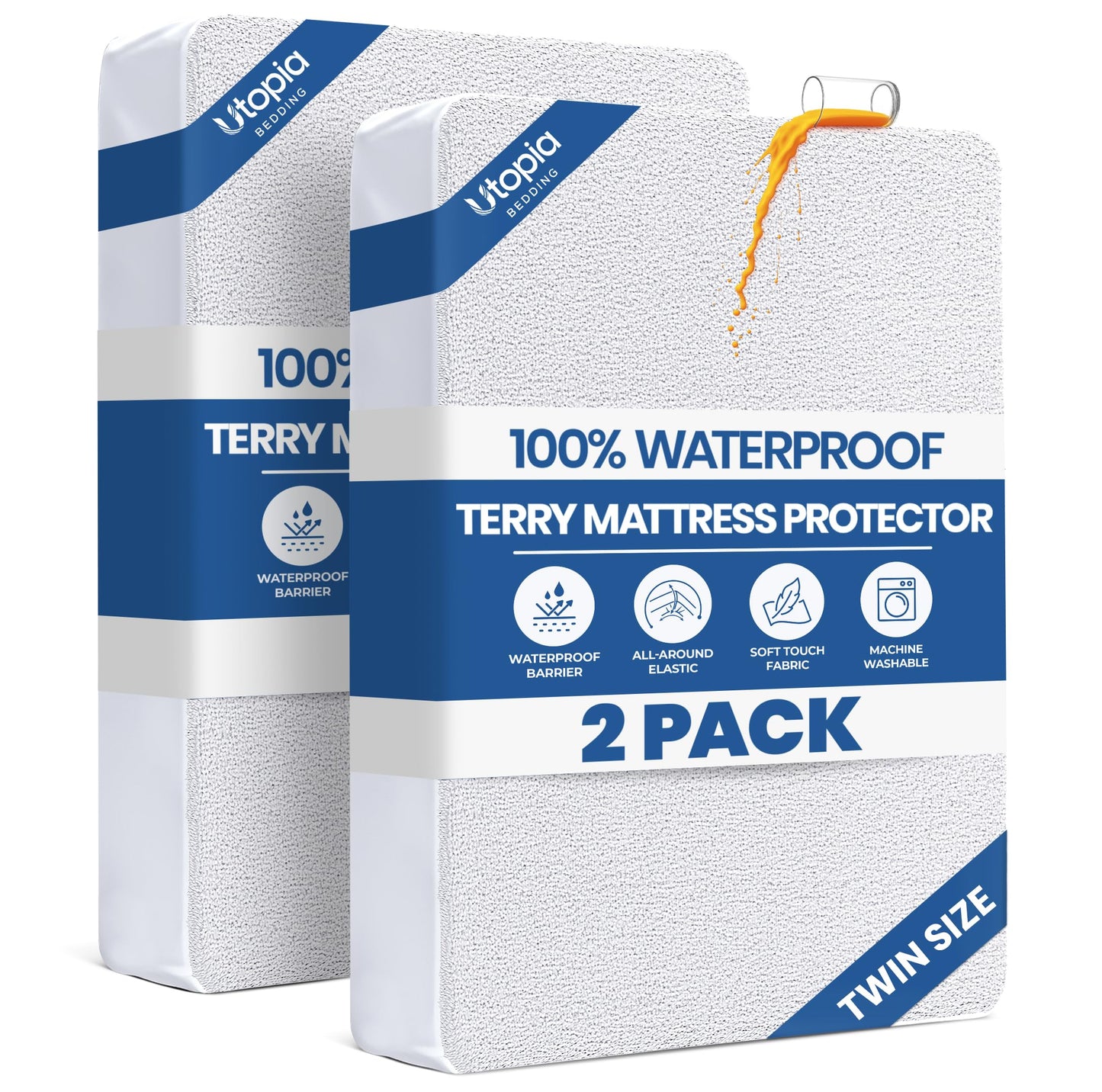 Twin Size Mattress Protector Waterproof 2 Pack, Premium 200 GSM Terry Mattress Cover, Soft & Breathable Bed Cover, Fitted Sheet Style Stretchable Deep Pockets 15" by Utopia Bedding (White)