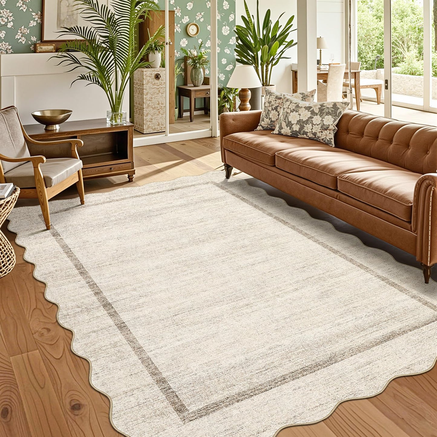 GarveeHome Scalloped Washable Rugs 5x7 Rug for Living Room Modern Non Slip Large Area Rug for Bedroom Decor Farmhouse Low Pile Stain Resistant Carpet for Office Dining Room Classroom 5 ft x7 ft Beige