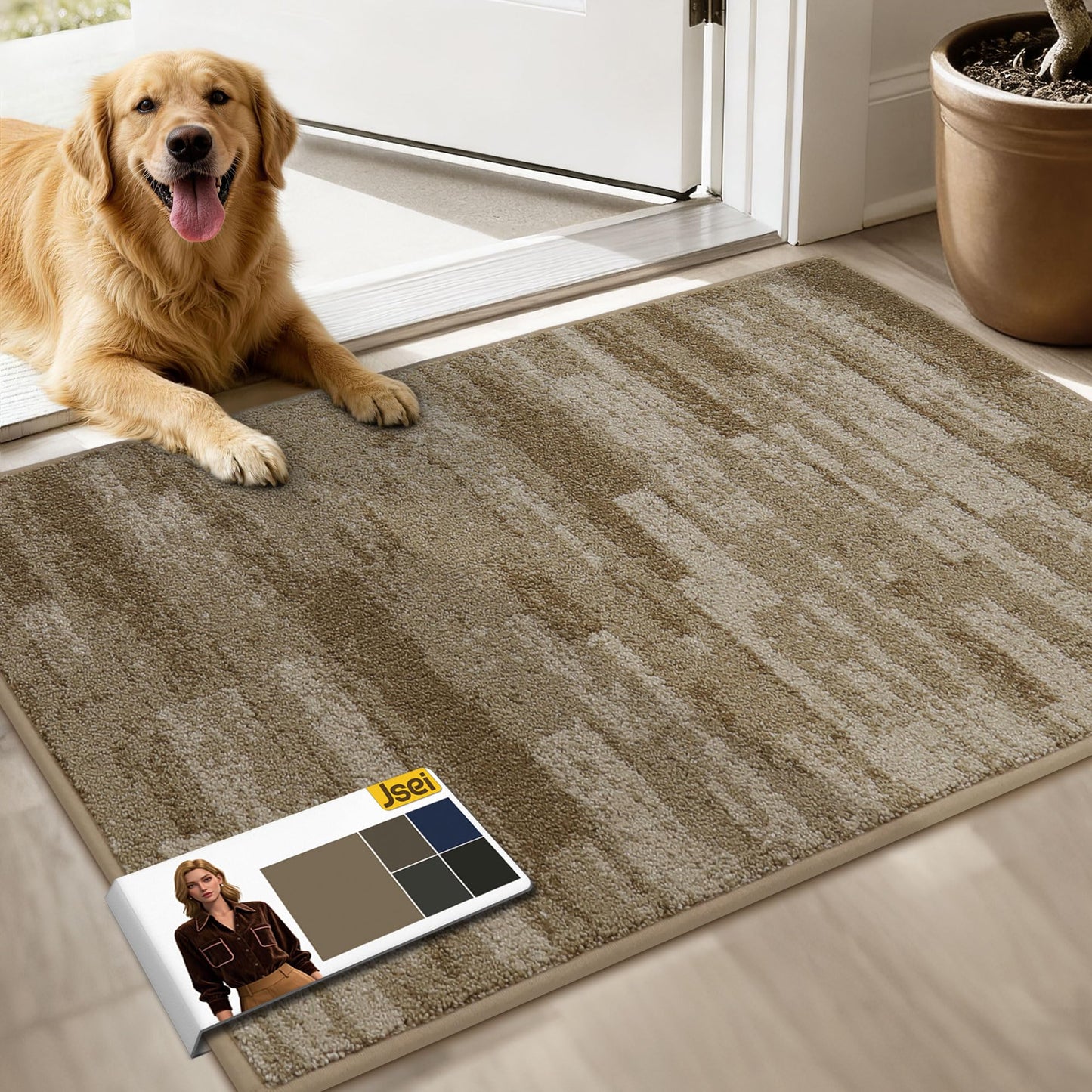 JSEI Dirt Trapper Door Mat 24"x36", Non-Slip Doormats Washable Entryway Mat, Welcome Floor Mat Absorbent Low Profile Dog Door Mats for Front Back Door, Wet Shoes & Paws, Beige