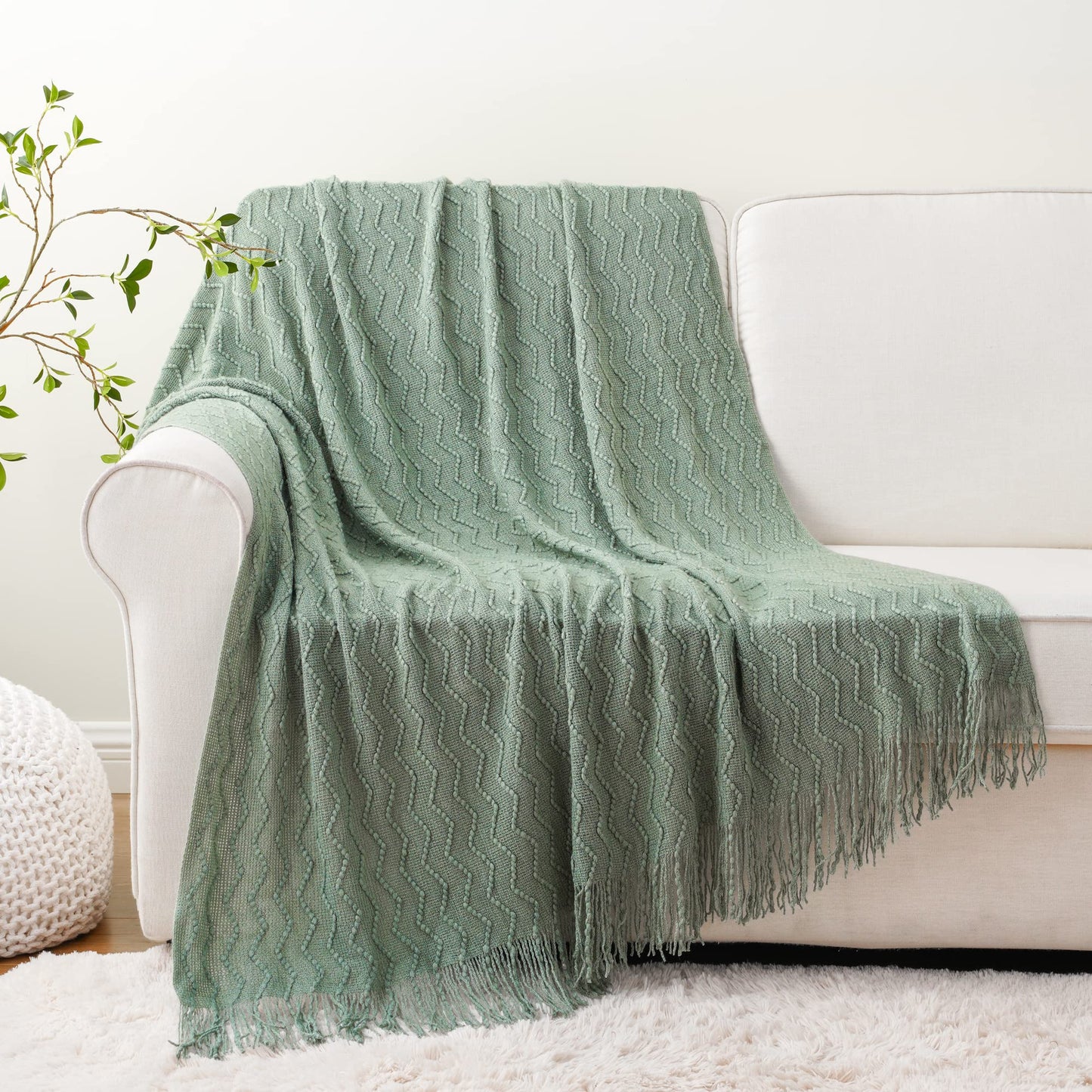 BATTILO HOME Sage Green Throw Blanket for Sofa Couch Office Living Room Home Décor Lightweight Textured Soft Cozy Knit Throw with Tassels Suitable All Seasons 50"x60"