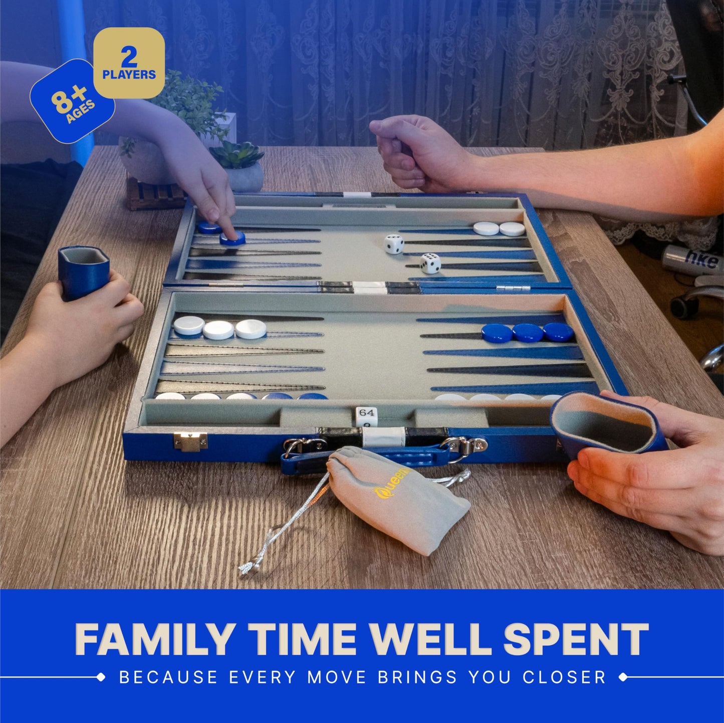 Backgammon Sets for Adults – 15-Inch PU Leather Board Game – Classic 2-Player Travel Backgammon Set with 32 Playing Pieces, Dice, and Cups