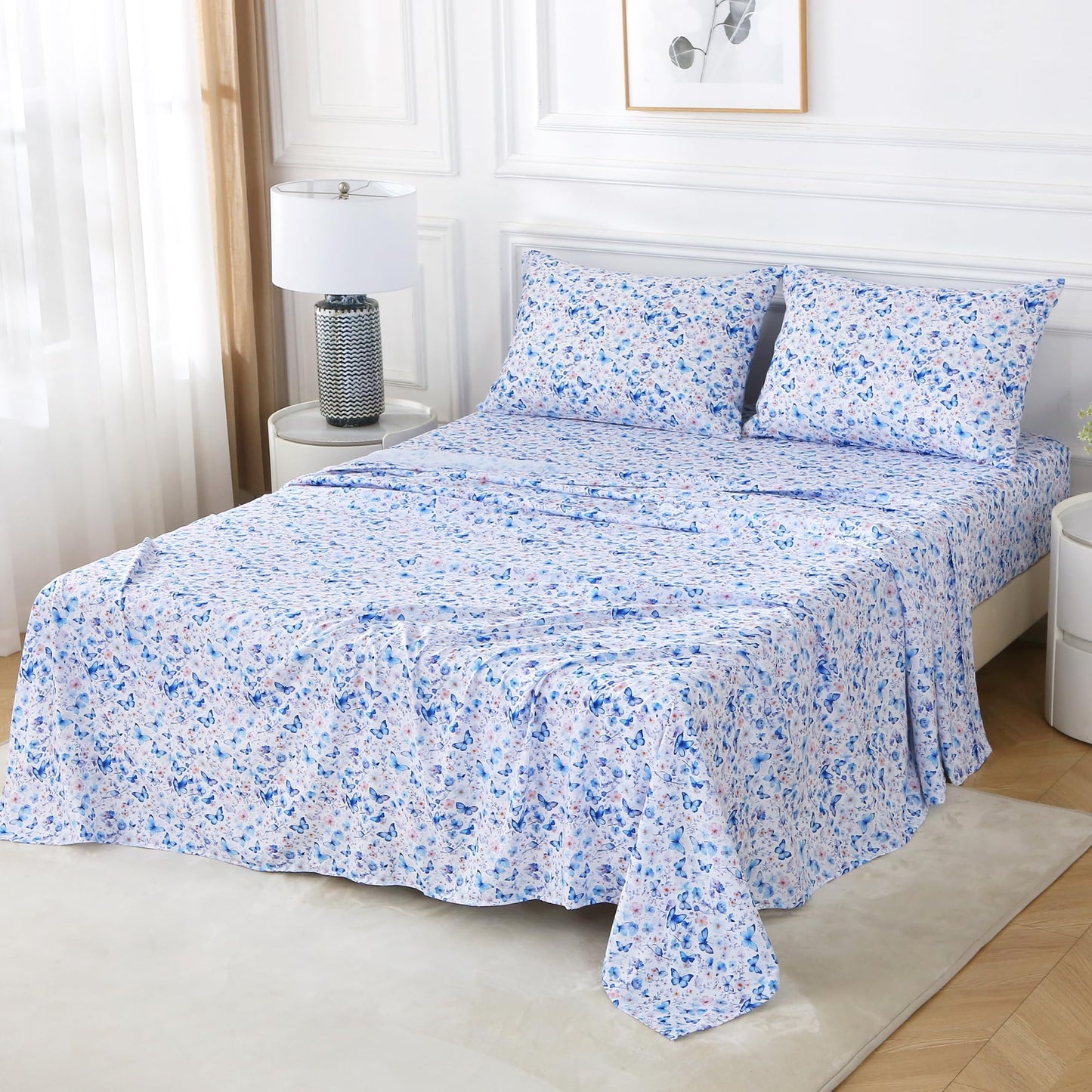 Softan Queen Floral Sheets, Microfiber Blue Flower Printed Fitted Sheets with Non-Slip Straps and 15" Deep Pocket, Butterfly Patterned Cozy Bed Sheets Queen, Buttertfly Sheets & Pillowcase Sets