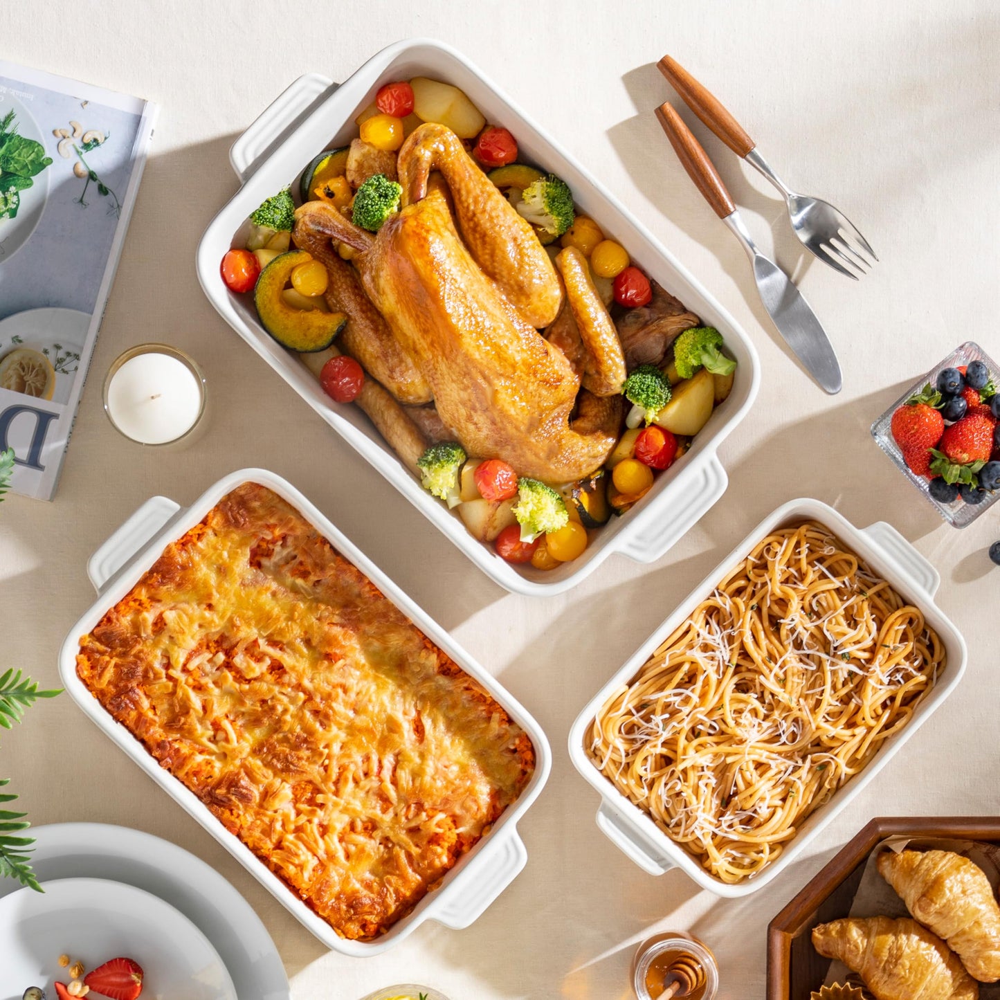 MALACASA Casserole Dishes for Oven, Ceramic Baking Dishes Set of 3, 1.45/2.7/3.8L Rectangular Baking Pan Set, Deep Lasagna Pan with Handles, Khaki White (14.5"/13"/10.5"), Series TARA