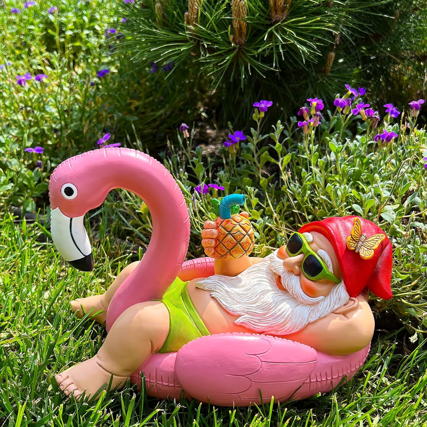 Mood Lab Garden Gnome on Flamingo - Funny Gnome Figurine - 8 Inch Depth Lawn Statue - for Outdoor or House Decor