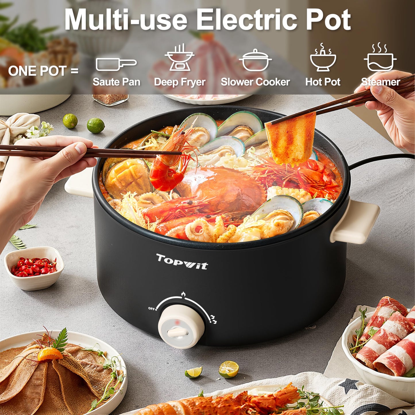 TOPWIT - 4.2 Quart Electric Pot with Non-Stick Coating, Dual Power Frying, Steak, Pasta, Multifunctional Large Capacity Shabu Shabu for Parties