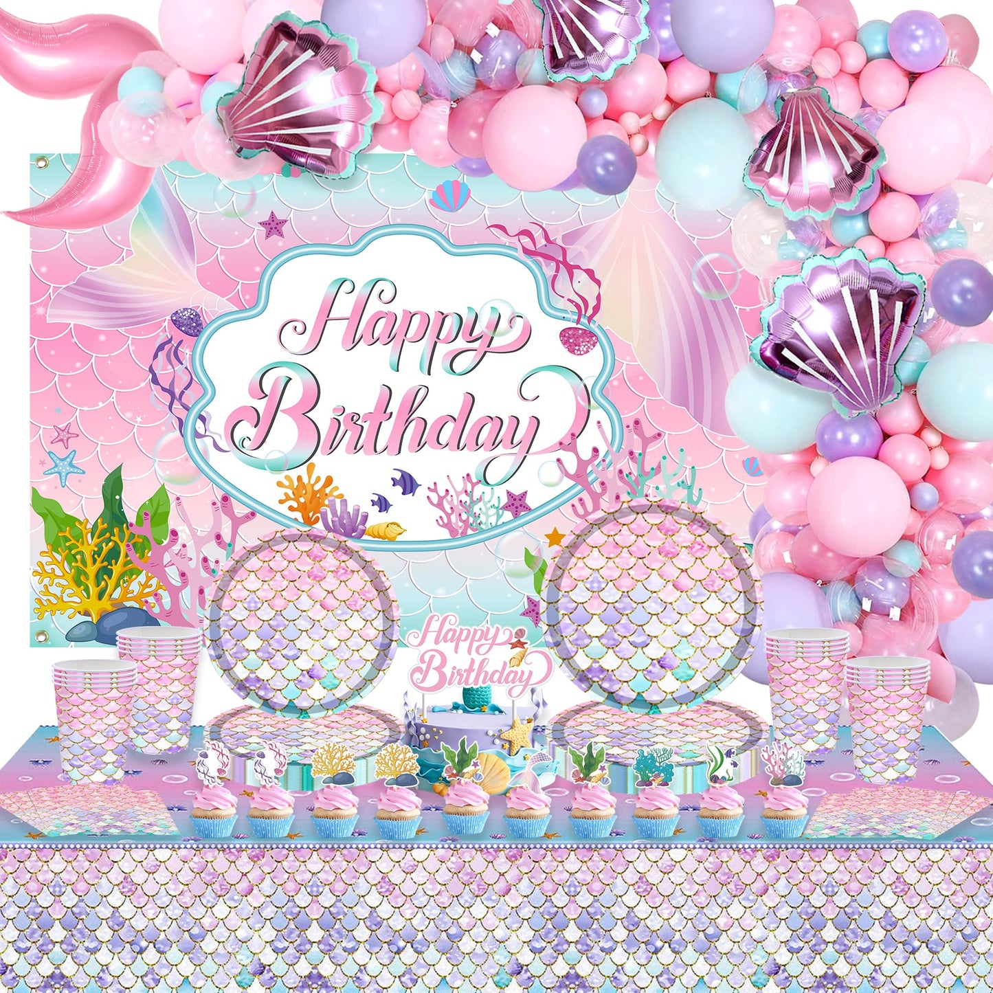 Mermaid Party Supplies, Pink Mermaid Birthday Party Decorations Including Plate, Napkin, Cup, Tablecover, Happy Birthday Backdrop, Pink Balloon Arch Kit for Girls Baby Shower, Serves 20