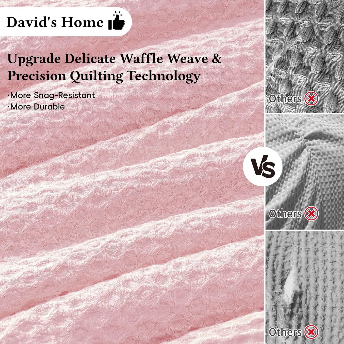 David's Home Waffle Weave Comforter Set 3PCS King Size, Soft Breathable Lightweight Warm for All Season, Elegant Aesthetic Home Decor Bedding Set Collection, 1 Comforter with 2 Pillow Shams, Pink