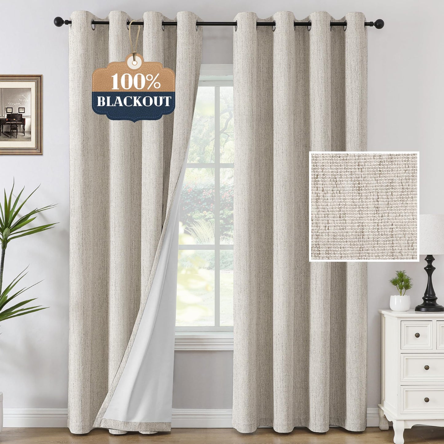 H.VERSAILTEX Chenille Curtains 96 inch Length 2 Panels 100% Blackout Long Drapes for Bedroom Living Room Black Out Darkening Curtain Thermal Insulated Anti-Rust Grommet(52x96 inch, Heather Natural)