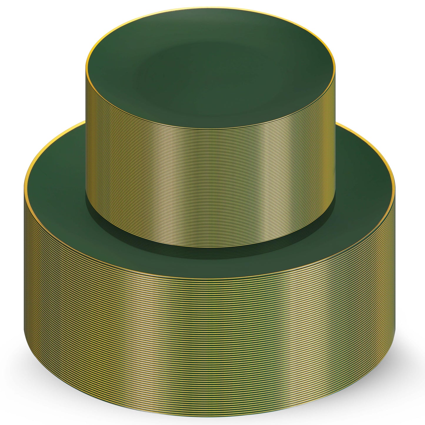 Munfix 100 Green Gold Plastic Plates Set, 50 Pcs 10 Inch Dinner and 50 Pcs 7 Inch Plastic Dessert Plates, Elegant Fancy Heavy Duty Disposable Plates for Party, Wedding, Green with Gold Rim