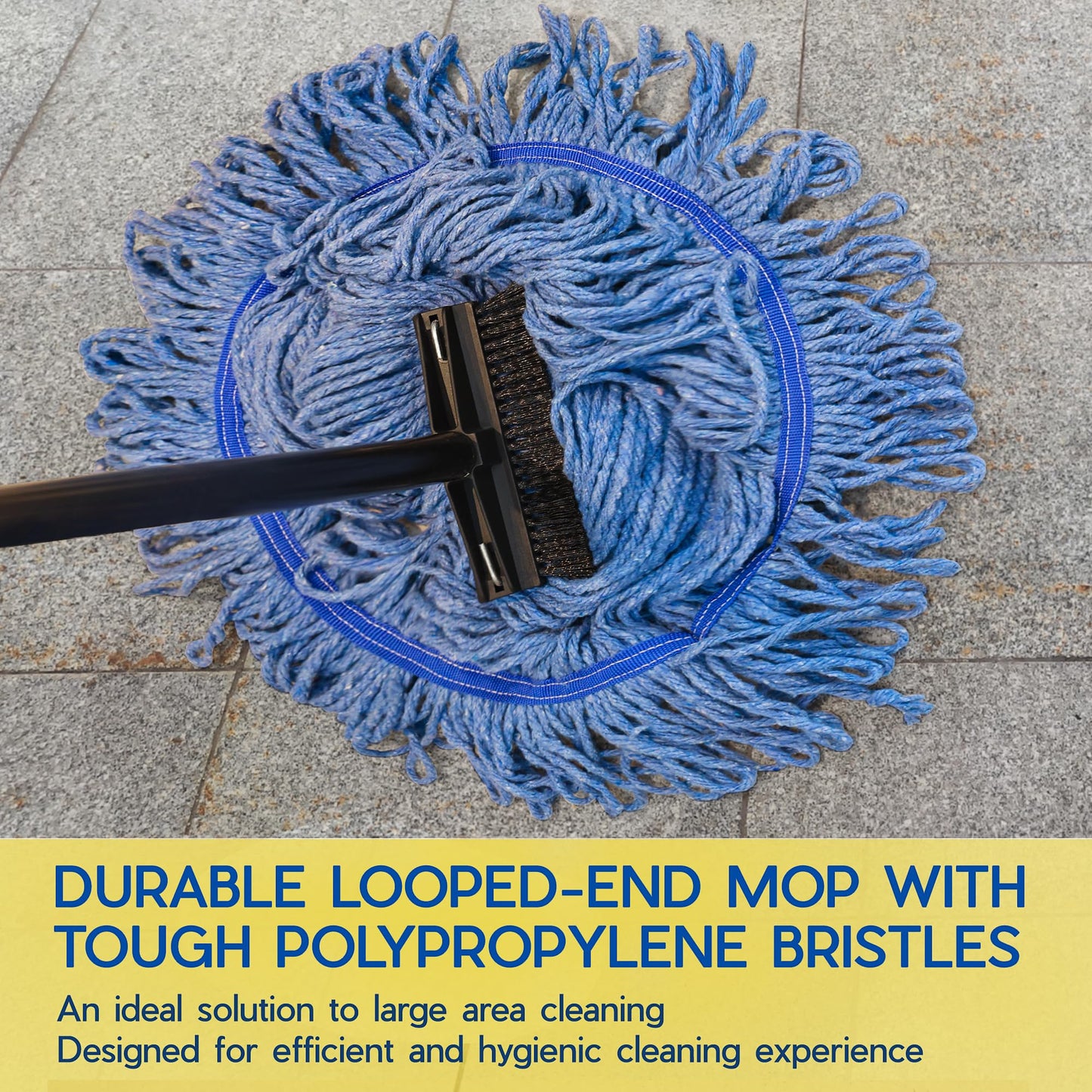 ONESIMUS Large Heavy-Duty Commercial Mop Head Replacement – Screw-On Wet Industrial Cotton Looped String Refill with Built-in Tough Polypropylene Bristle Brush for Floor Cleaning (Blue 2 Pack)