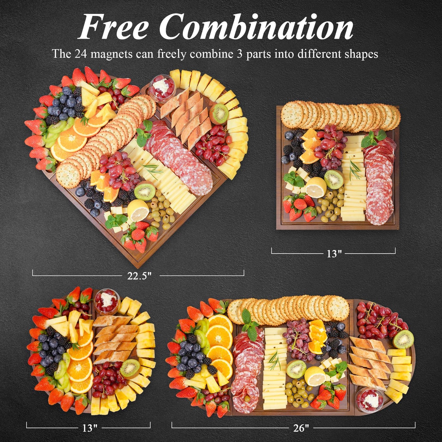 NiHome Magnetic Acacia Wood Charcuterie Board Large 26”x13” Cheese Board Splice Serving Boards for Entertaining, Beautiful Personized Christmas Wooden Square Semicircular Charcuterie Board Set