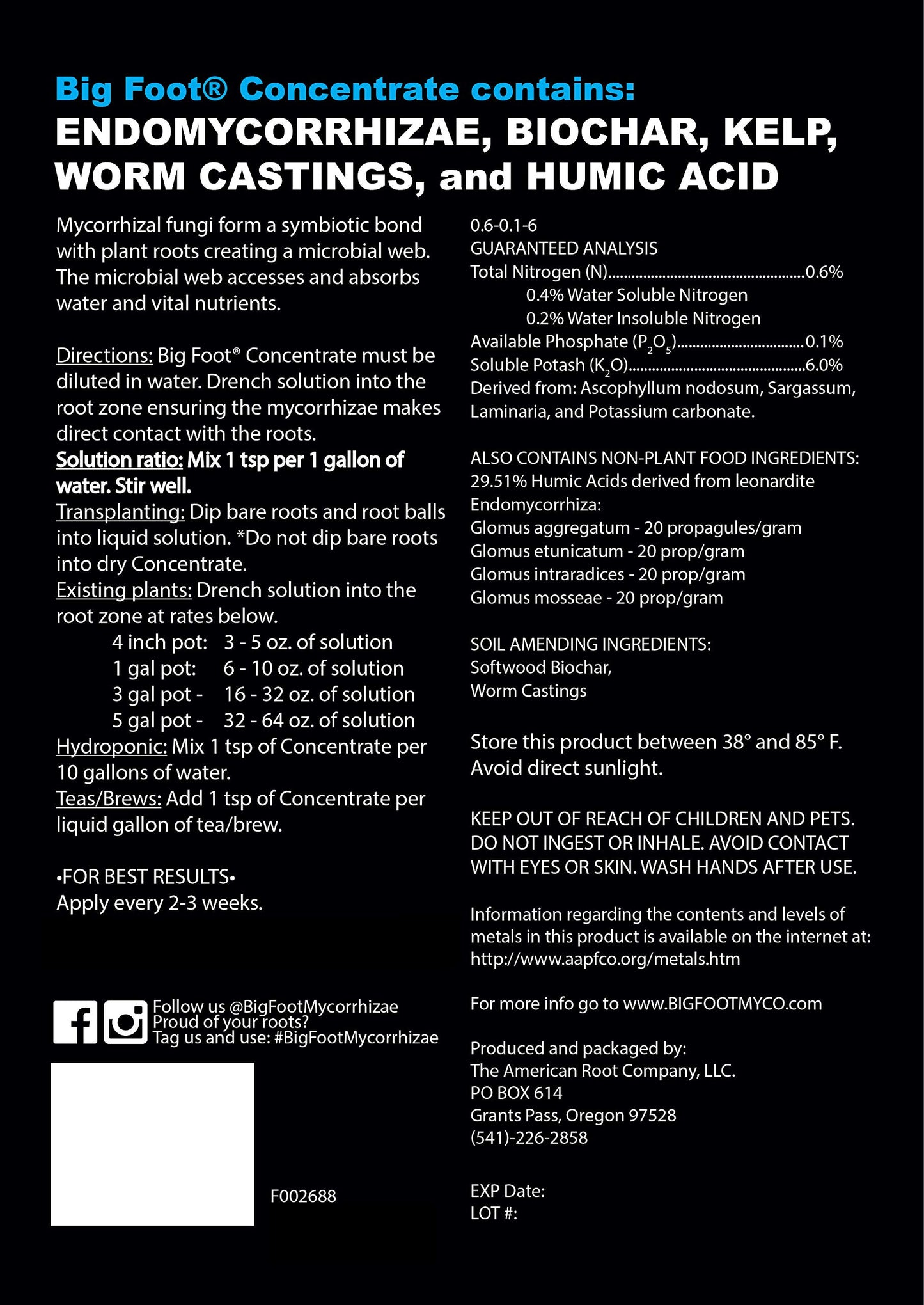 Big Foot Mycorrhizae Water Soluble Concentrate for New and EXISTING Plants - Includes Worm Castings, Kelp, Azomite, Biochar, Humic Acid - 8 Ounces