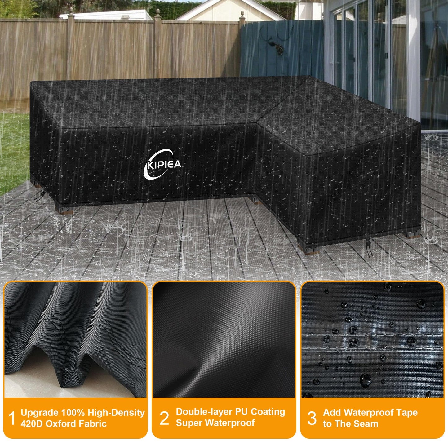 Kipiea Patio L-Shaped Sectional Sofa Cover, 420D Heavy-Duty Oxford Fabric Outdoor Sectional Cover with 6 Windproof Buckles, No Tears Anti UV No Fading (Right Facing, 85" x 58" L x 33.5" D x 31" H)