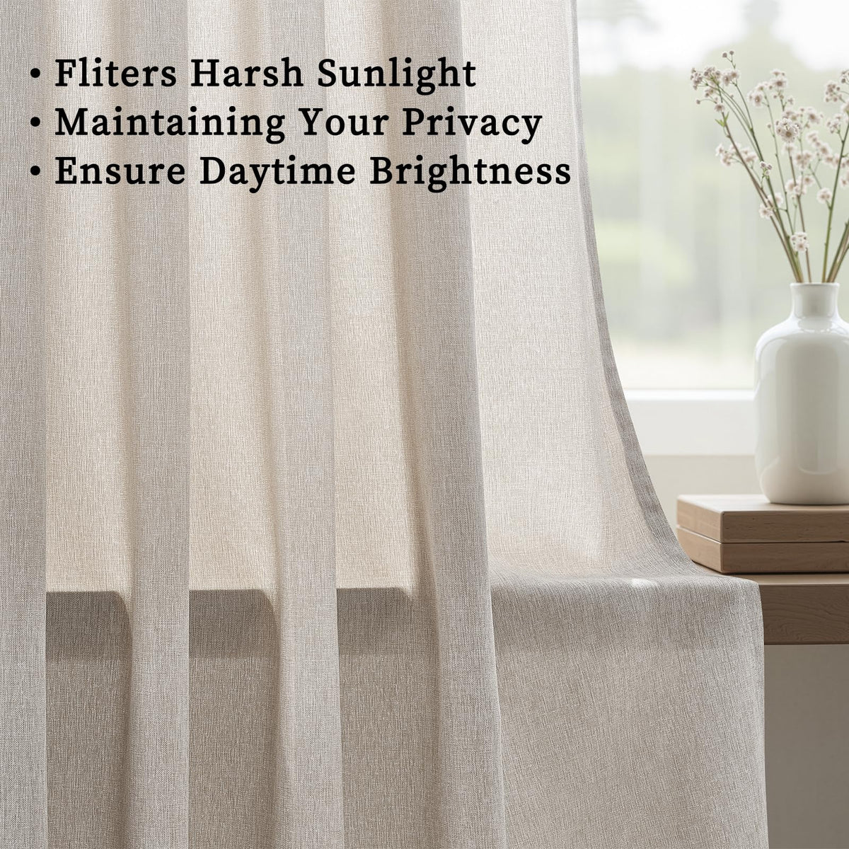 Back Tab Sheer Linen Curtains 90 Inches Long Linen Textured Curtain Oatmeal Semi Sheer Blend Light Filtering Linen Drapes for Rod Pocket 52x84 2 Panels Set Farmhouse Boho Light Oatmeal