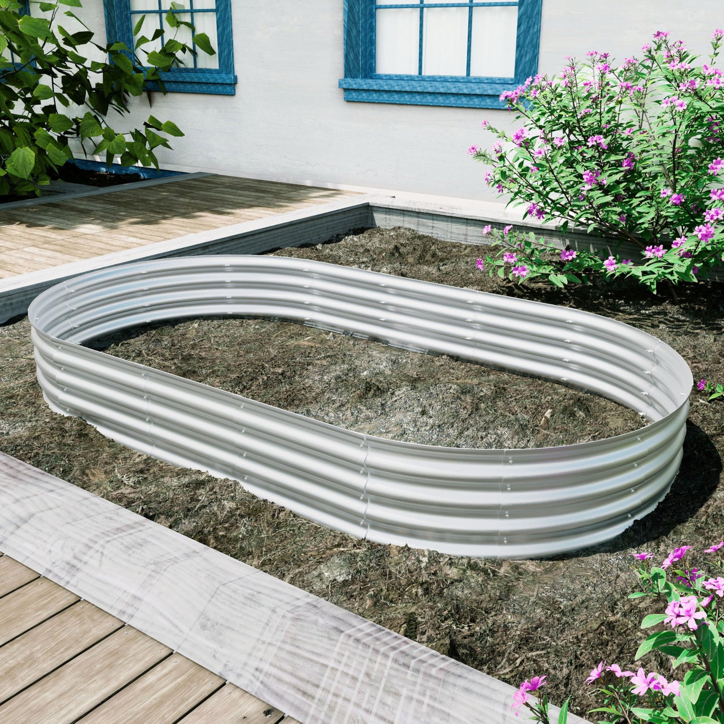 FOUBAM Galvanized Raised Garden Bed Kit, Oval Planters for Outdoor Plants,Galvanized Planter Boxes, Metal Raised Garden Beds Outdoor for Vegetables Flower Herb Patio 8 X 4 X 1 FT