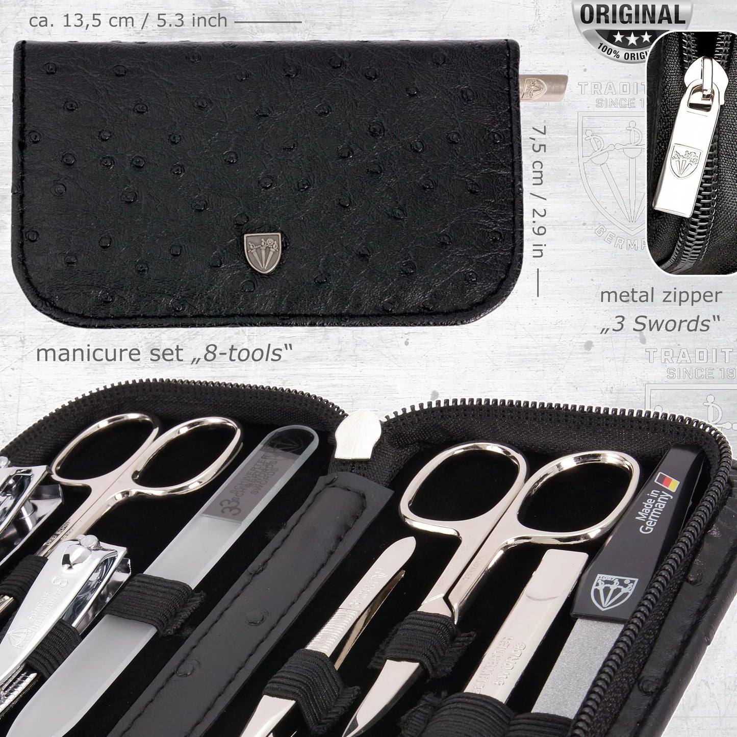 3 Swords Germany - brand quality 8 piece manicure pedicure grooming kit set for professional finger & toe nail care scissors clipper fashion leather case ostrich black in box, Made in Germany