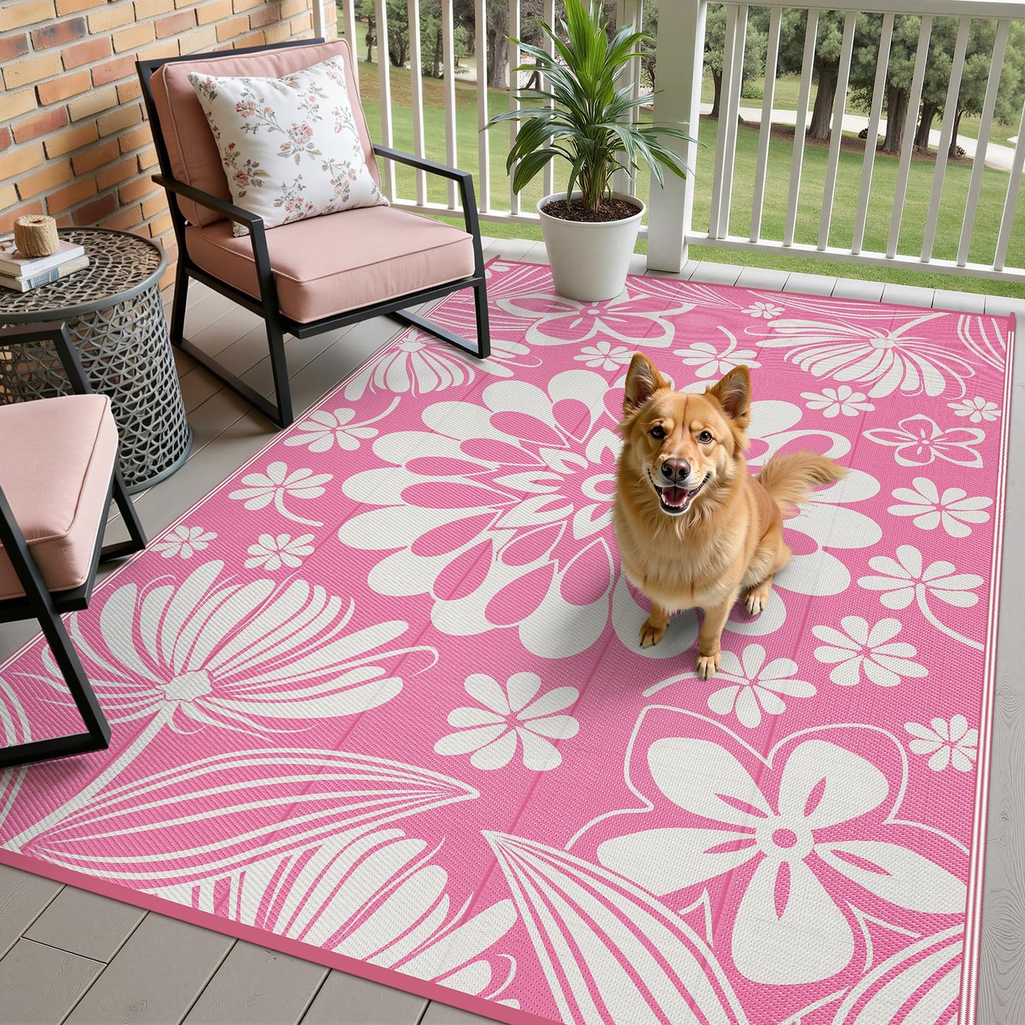 Ileading Outdoor Plastic Straw Rug 6x9ft Funny Floral Style Reversible Patio Area Rugs Waterproof Non Shedding Portable Carpets for Rv Outside Deck Pool Beach Picnic Camping (Pink)