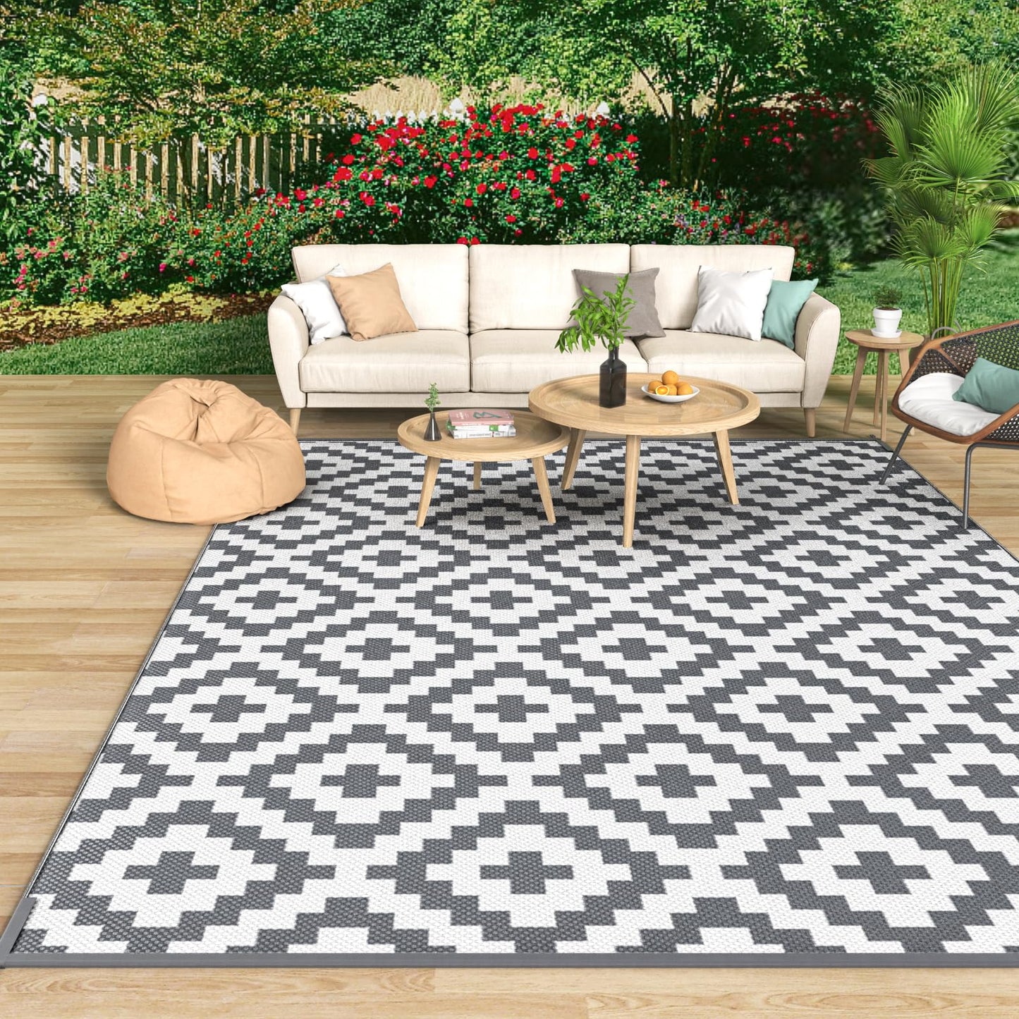Mokani Reversible Outdoor Rug 5x8ft Waterproof, Geometric Anti-Slip Plastic Straw Outdoor Carpet Mat, UV Resistant Patio Rugs Tapis Exterieur for Garden, RV, Deck, Camping, Picnic