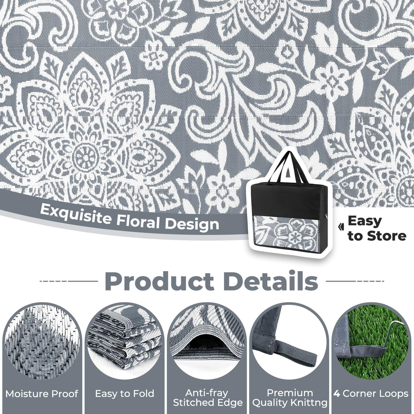 Findosom Waterproof Outdoor Rug 5' x 8' - Reversible Mandala Outdoor Plastic Straw Rug, Durable Foldable Patio Rug for RV, Deck, Balcony, Backyard, Picnic, Porch, Camping, Beach, Gray