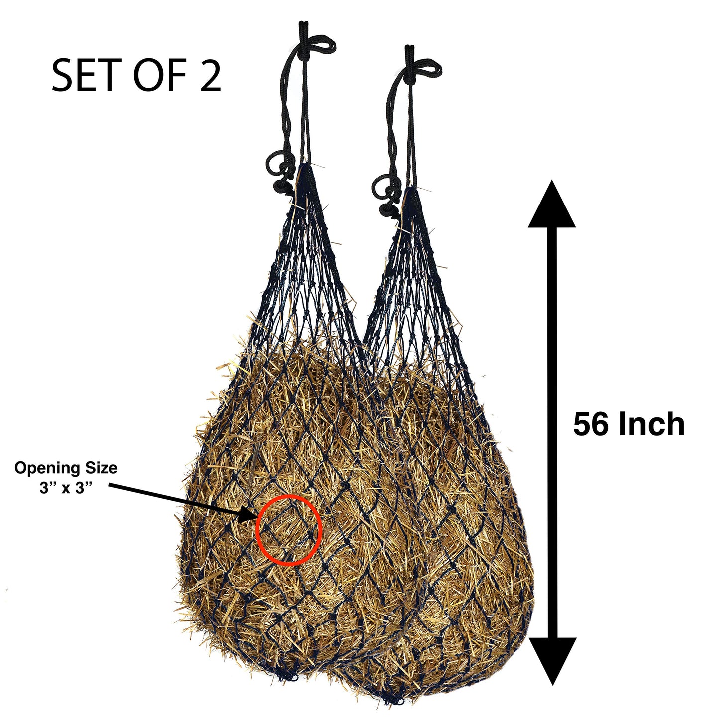 Majestic Ally 2 pcs Slow Feed 56” Hay Net with Soft 3"x3" Holes for Horses & Livestock, Nylon Rope Hanging, Simulates Grazing, Reduce Waste (Black)
