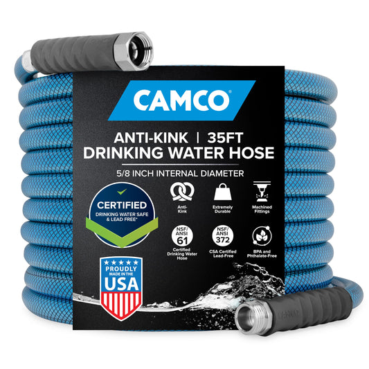 Camco 35ft Premium Drinking Water Hose - Lead and BPA Free, Anti-Kink Design, 20% Thicker Than Standard Hoses 5/8" Inside Diameter (22843), Blue