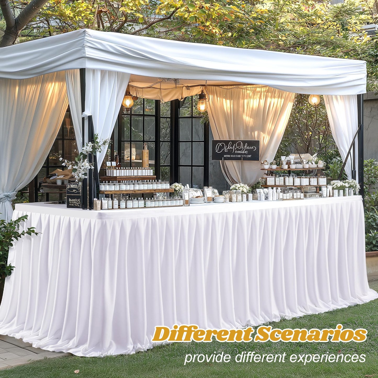 17ft Long White Table Skirt for Rectangle Tables Decorations - Wrinkle Resistant Polyester Pleated Table Skirting Desk Skirt for Office Baby Shower Birthday Party Wedding Banquet
