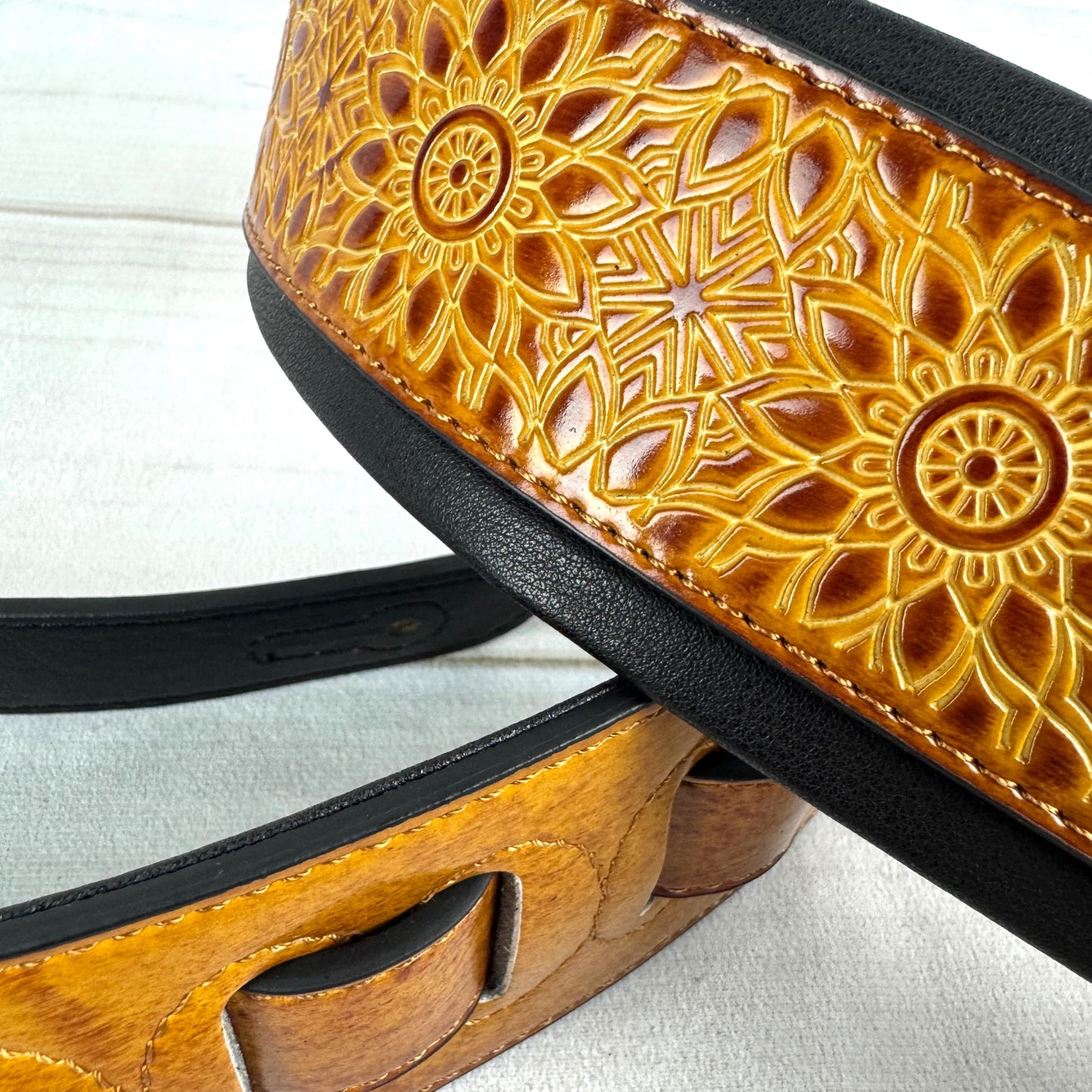 Walker & Williams GB-34 Latigo Tan Padded Leather Strap with Zodiac Star Pattern For Acoustic, Electric, And Bass Guitars