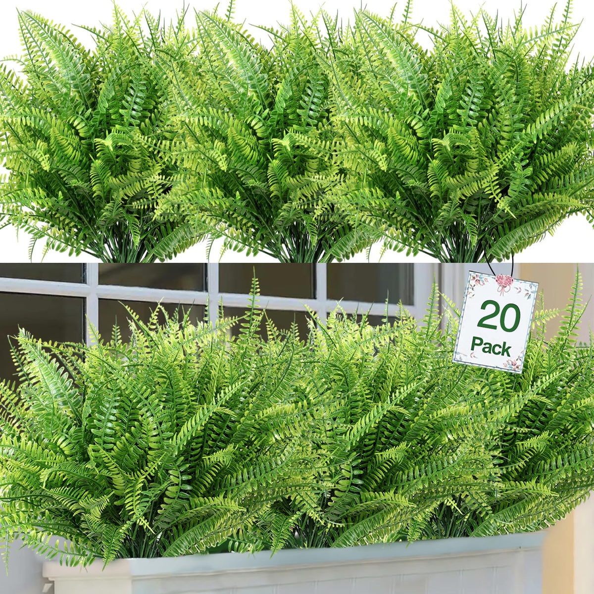 KHOYIME 20 Bundles Artificial Plants Outdoor Indoor Fake Boston Fern Bushes, Faux Plastic Greenery Shrub Green Stem Plant Bulk UV Resistant Outside Spring Summer Decor for Home Garden Porch Window Box