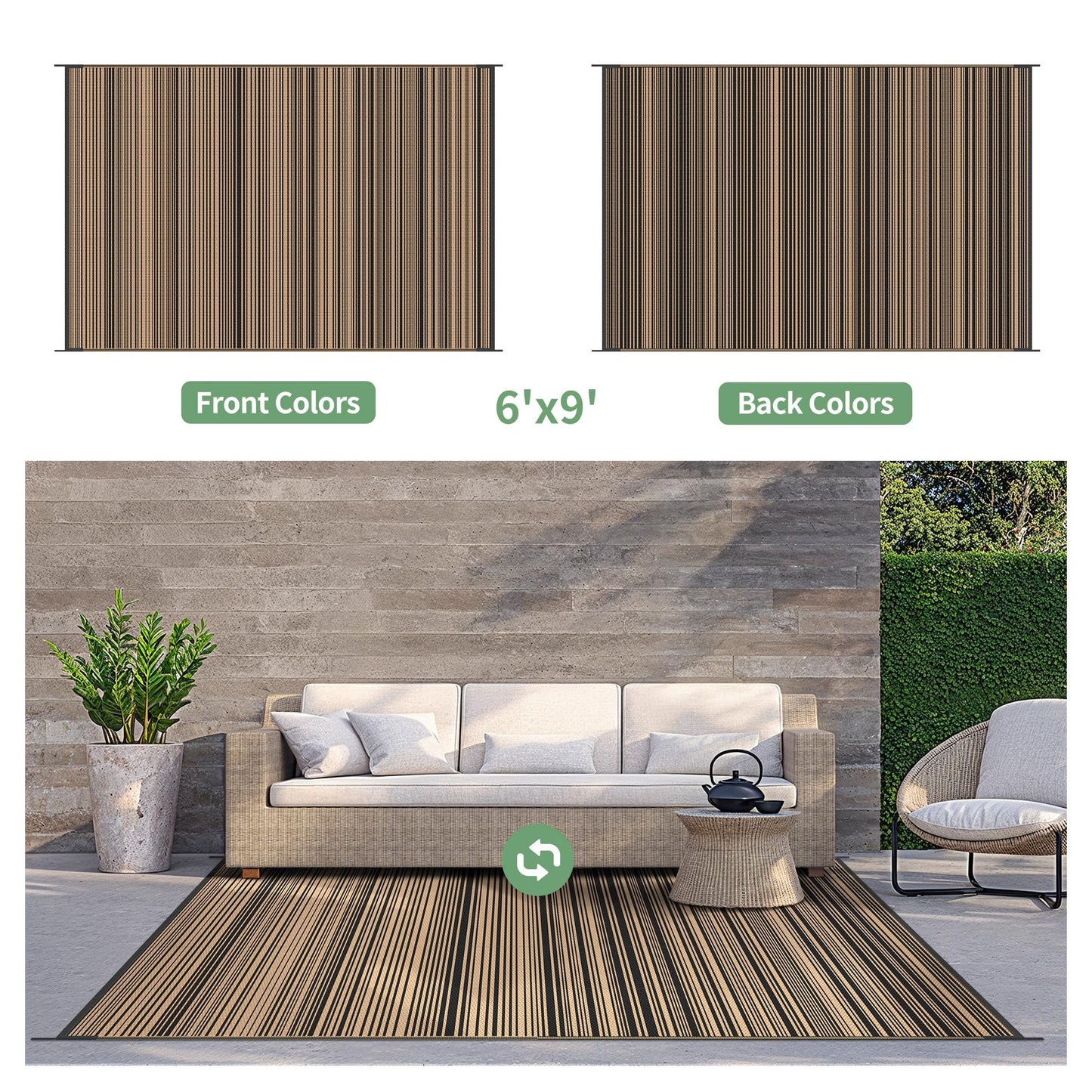 GENIMO Outdoor Rug for Patio Clearance, Reversible Plastic Straw Rugs, Lightweight Waterproof RV Camping Mat for Camper, Balcony, Deck, Backyard, Picnic, Black Brown