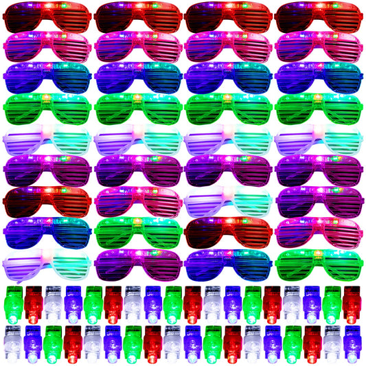 72 Pack LED Light Up Neon Flashing Toys 6 Color Glow in the Dark Party Supplies with 36 LED Glasses Shutter Shades Glow, 36 Finger Ring Lights for Birthday,Easter, Carnival Rave Party