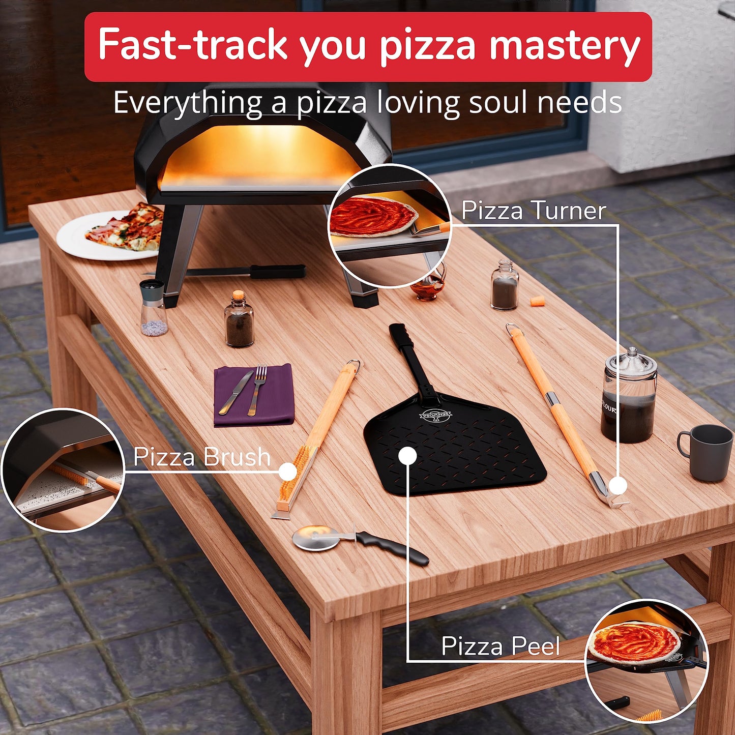 26” Pizza Oven Brush with Stone Scraper - Stainless Steel Bristles, Extra Long Handle, Heat-Resistant - Compatible with Ooni, Gozney and Similar Ovens - Includes Spare Head