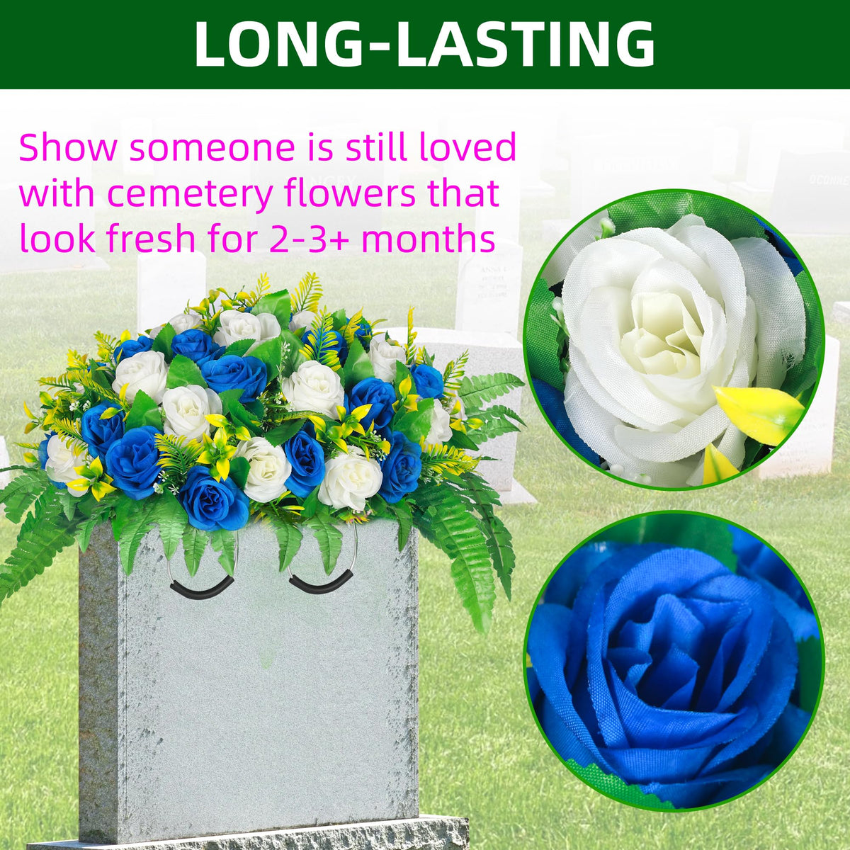 Lodou Artificial Cemetery Flowers, Silk Flower Arrangement,Artificial Rose Bouquet Grave Memorial Flowers with Headstone Saddle for Graveyard Headstones Decoration (1, Blue and White)