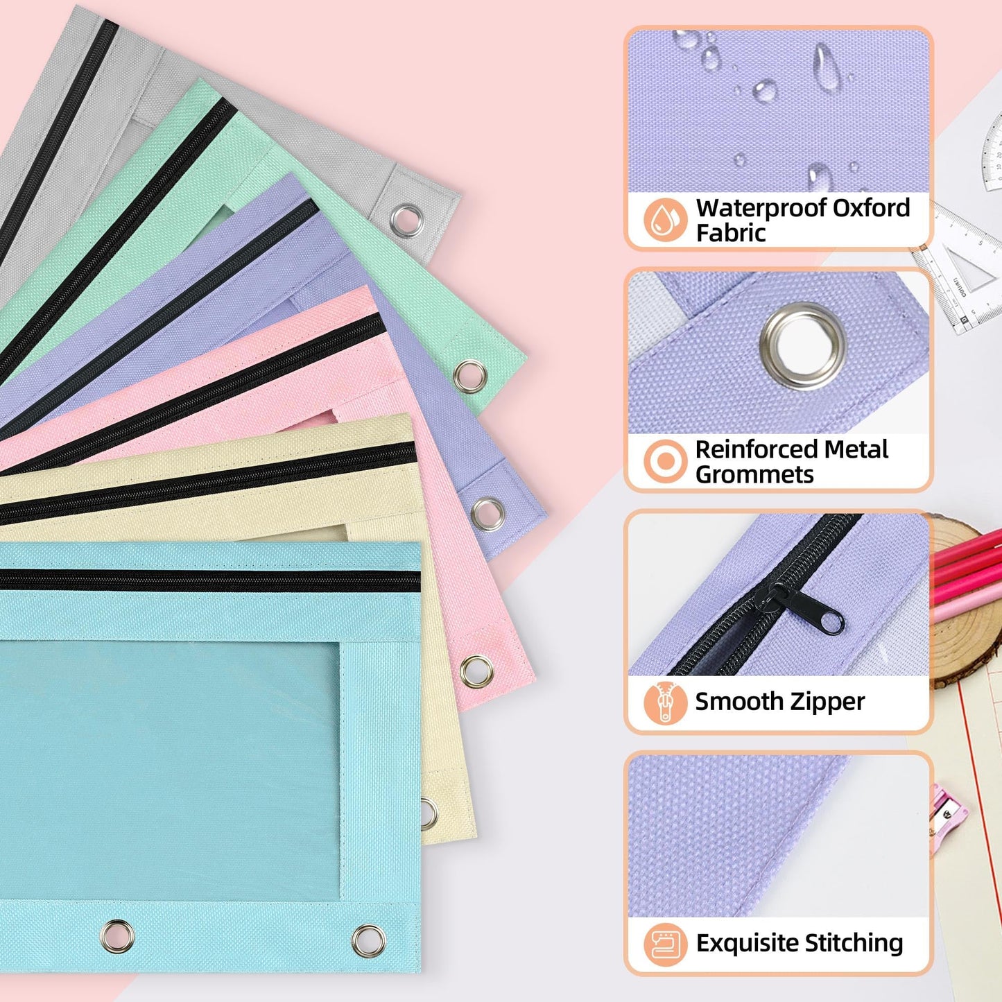 Lanpn 3 Ring Binder Pouch Bulk 36 Pack, Pencil Case with Binder Holes, Aesthetic Pencils Pouches, Zipper Pen Bags Holder for Kids Boy Girl School Student Storage, Clear Window & Reinforced Grommets