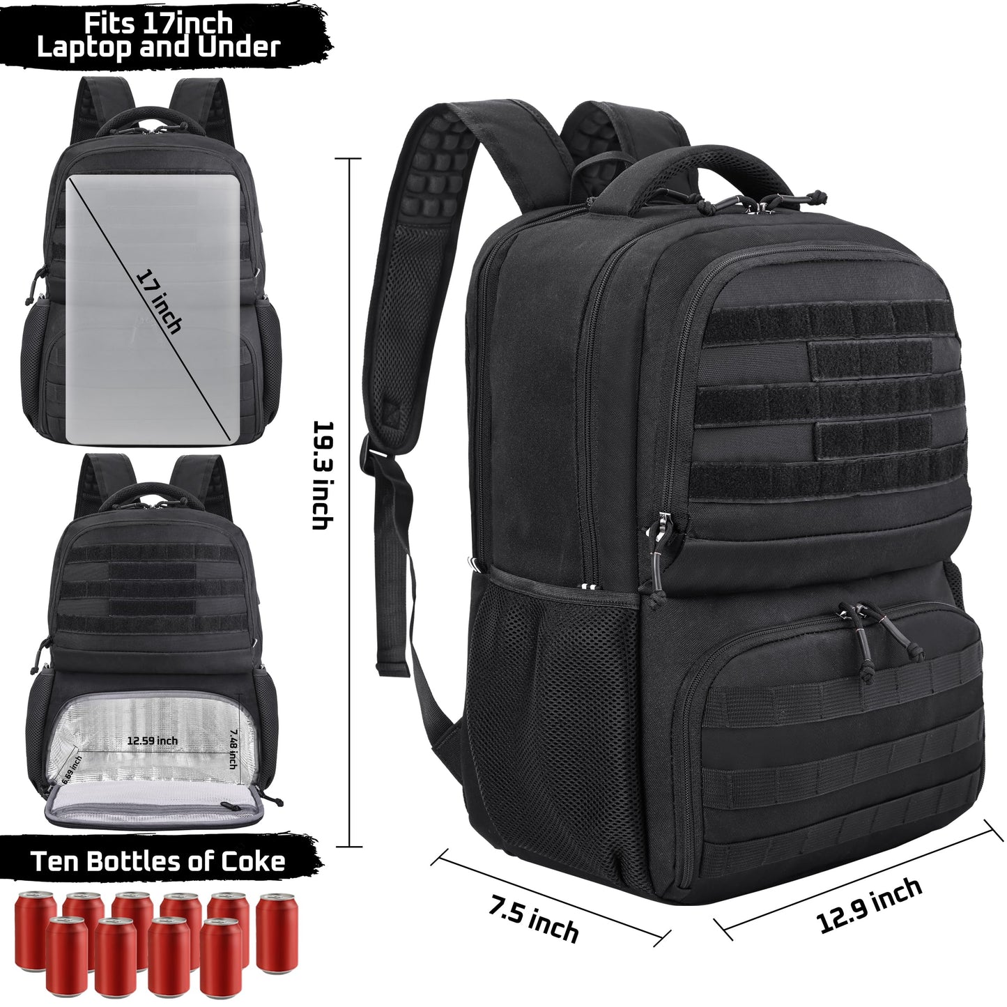 MOZETO Laptop Lunch Backpack for Men, Tactical Inspired Utility Anti-Theft Waterproof 17inch Laptop Work Bag with Cooler Compartment Lunchbox