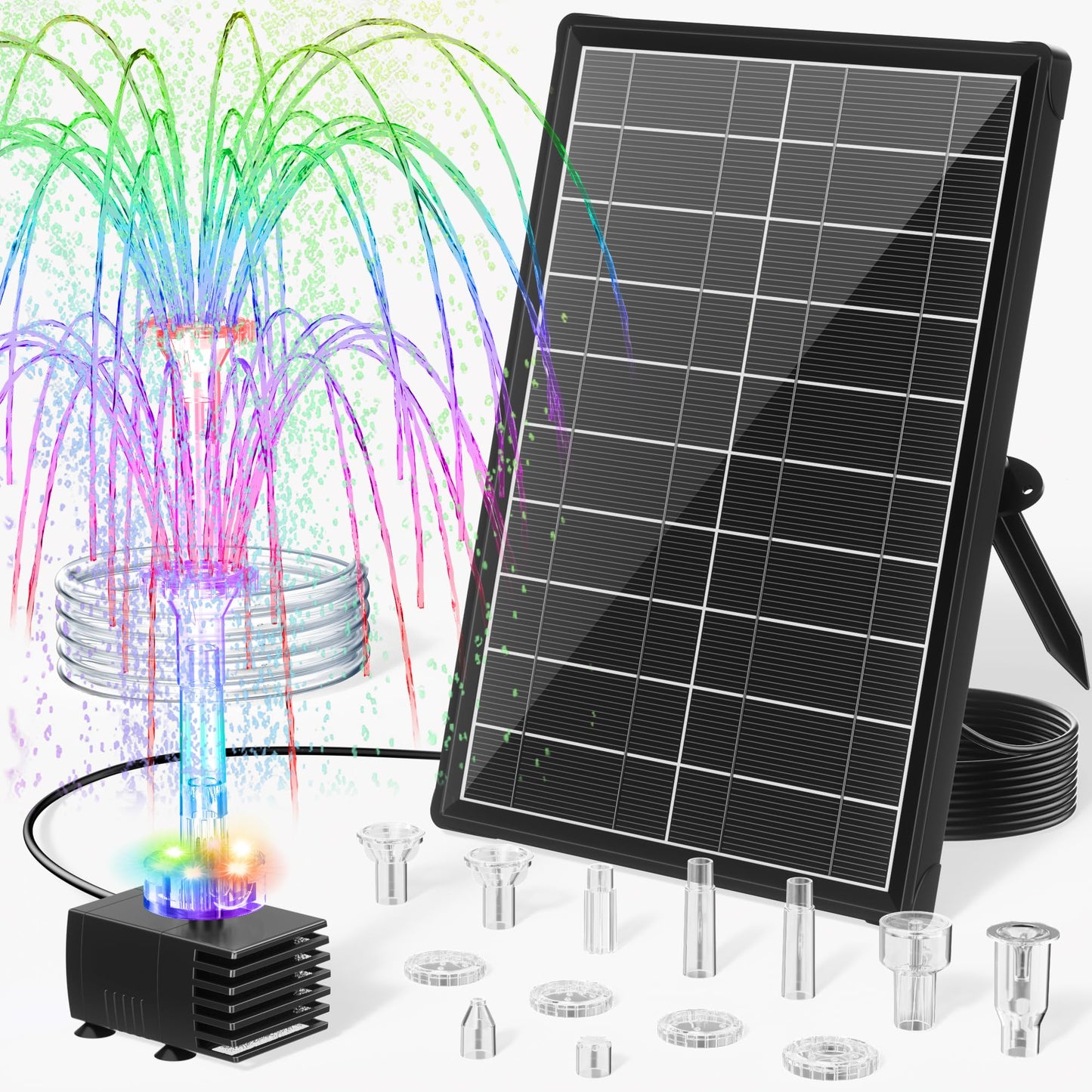 POPOSOAP 8W Solar Fountain Pump with 3200mAh Battery Backup & LED Lights, Solar Water Fountain Kit with 8 Nozzles & PVC Tubing for Bird Bath, Pond, Fish Tank, Backyard Decor P108DL