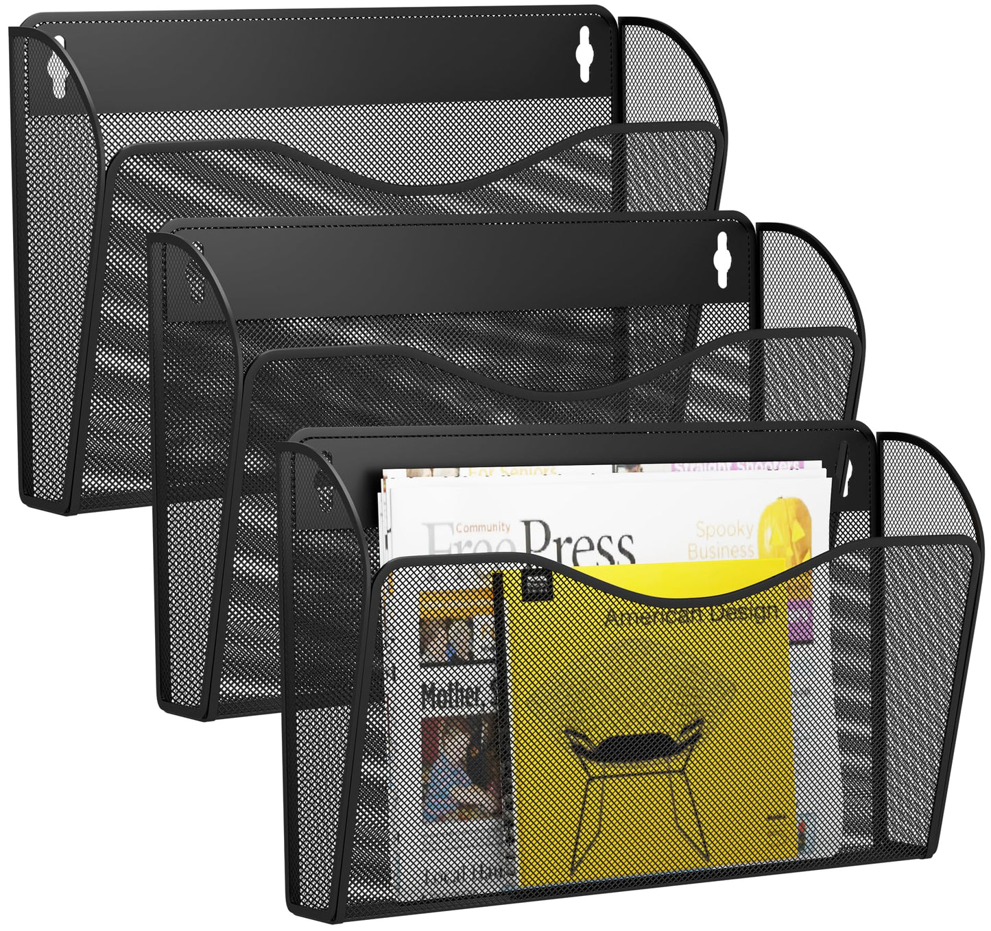 GDINDINFAN 3 Single Pocket Wall File Holder, Mesh Hanging File Folder Paper Organizer, Vertical Wall Mounted Mail Basket, Storage Organization Magazine Rack for Office, Home and School, Black