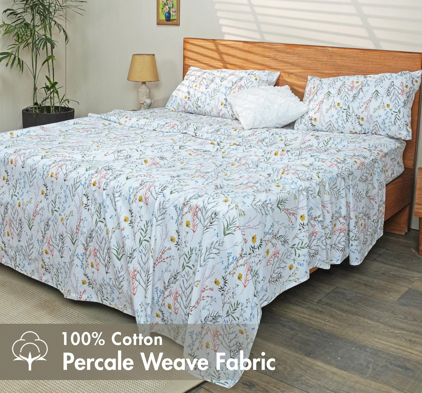 RUVANTI 100% Cotton Sheets – King Size Percale Bedding, Cooling & Breathable Floral Design, Durable with a Crisp, Soft & Comfortable Feel, 16" Deep Pocket, 4-Piece Set, Aroma