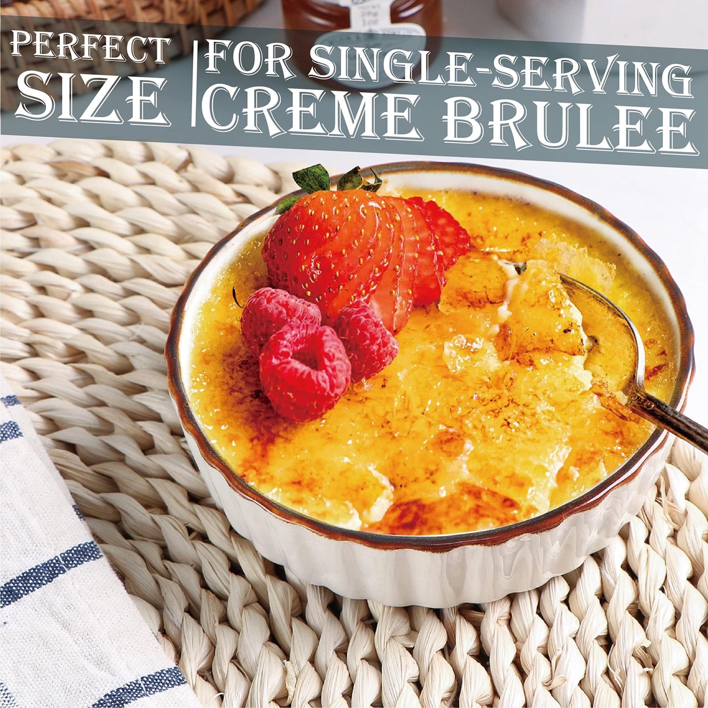 ONEMORE Ramekins 4 oz - Oven Safe Shallow Ramekins with Brown Rim for Creme Brulee - Speckled, Fluted, Set of 6