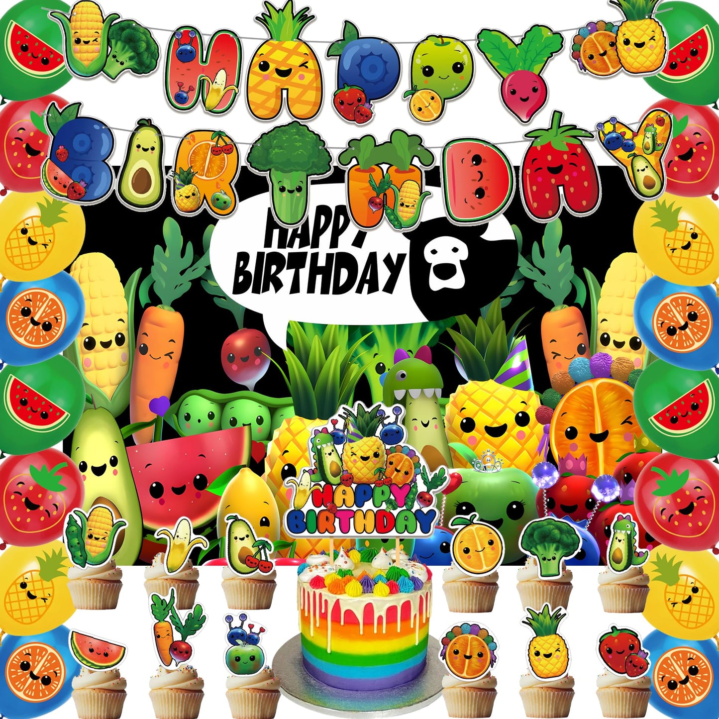 Hey Bear Sensory Fruit Party Supplies,Including Birthday Bannner,Cake Copper ,Ballon,Party Background,Suitable for Fruit Birthday Party Decorations,Holiday Party,Party Favor etc