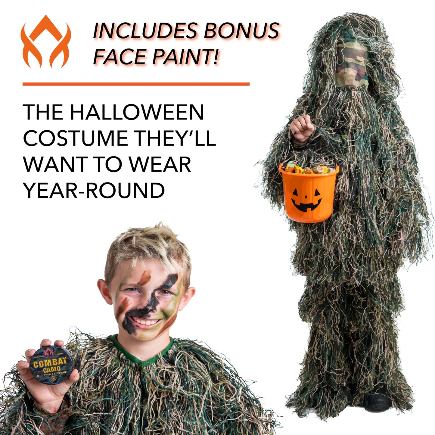 Arcturus Ultra-Lite Kids Ghillie Suit | Includes Bonus 3-Color Face Paint | Army | Sniper | Bush Halloween Costume