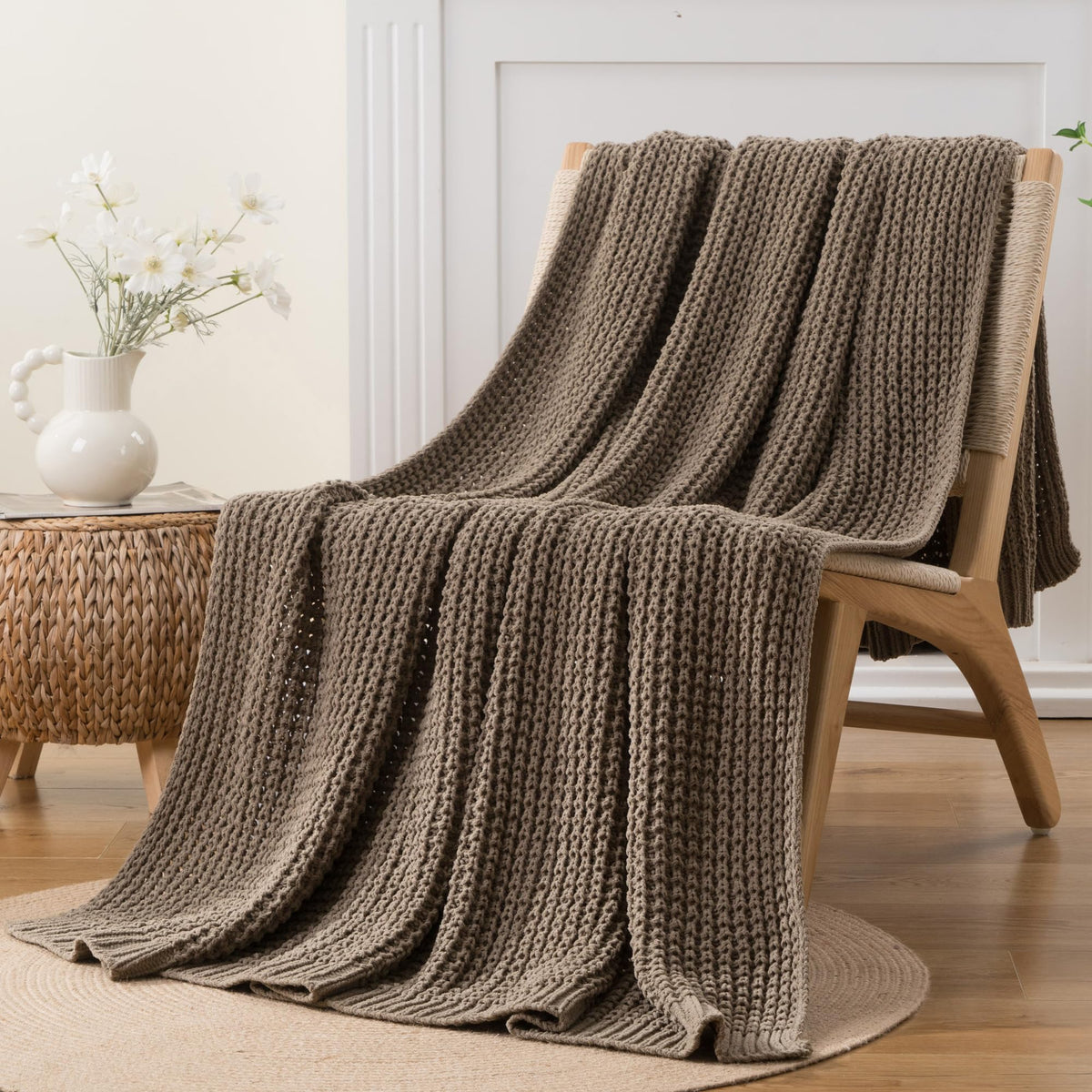 Bunnikins & Clover Knitted Waffle Throw Blanket 50x60 Inches, Camel Tan Throw Blanket for Couch, Tan Blanket Fluffy Cozy Knit Soft Throws for Women Mothers Birthday Gifts