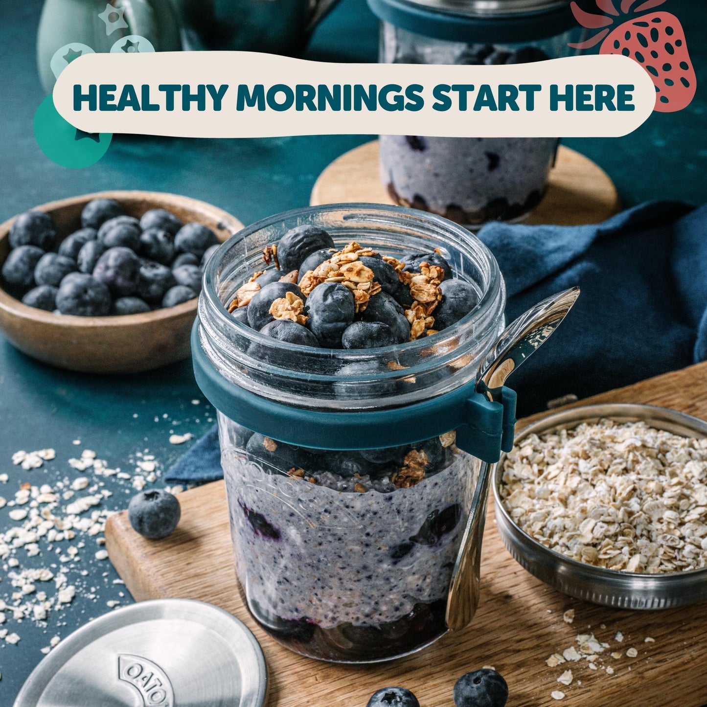 OATOLOGY Glass Overnight Oats Jar Container | Unique Leakproof Stainless Steel Lids, Spoon, Thick Glass | Breakfast Pots Mason Jars for Chia Pudding Granola Yoghurt Porridge Cereal On-the-Go | 4 pack