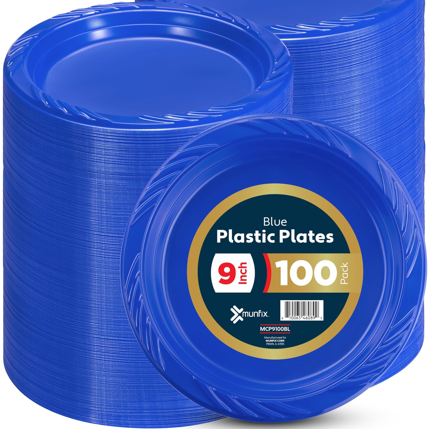Munfix 100 Blue Plastic Plates Set - 9 Inch Disposable Dinner Plates Bulk Pack, for Party, BBQ, Picnic, Parties, Travel and Events, Microwavable Recyclable