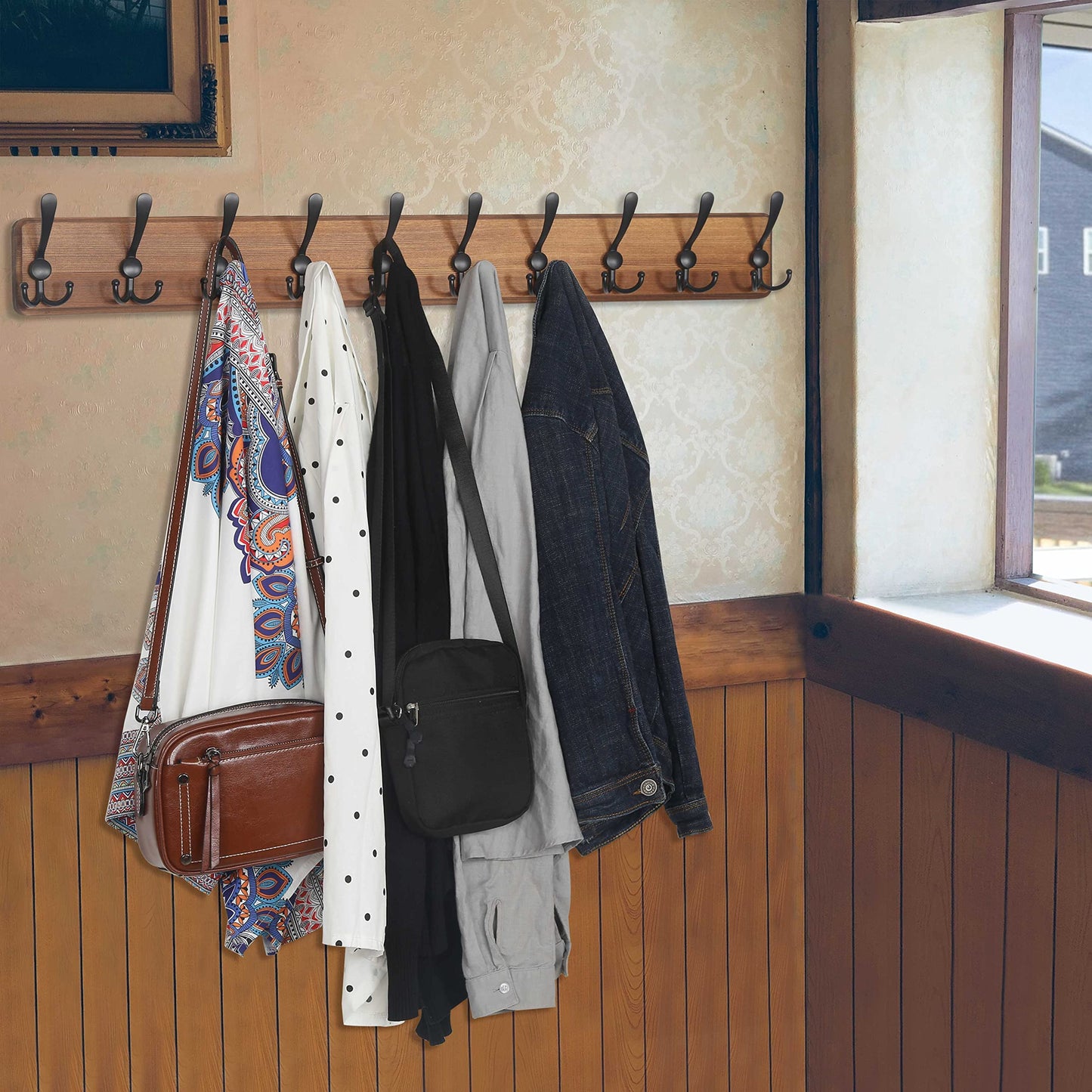 WEBI Coat Rack Wall Mount,38 9/16'' Long,10 Hooks,Coat Hooks Wall Mounted,Coat Hanger Wall,Wood Hook Rack Rail,Triple Hooks for Hanging Coats,Clothes,Jacket