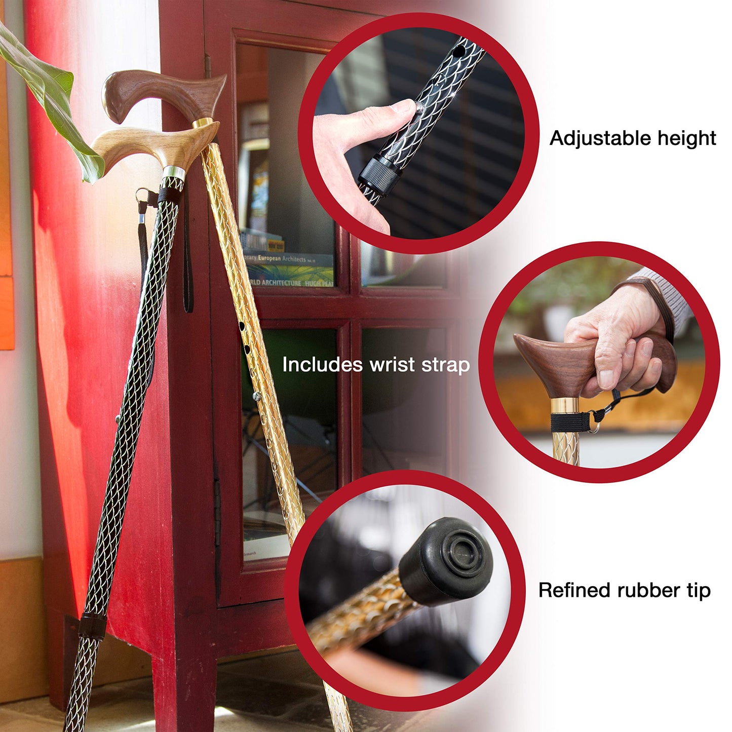 Brazos Adjustable Walking Cane for Men and Women Made of Lightweight Engraved Aluminum with Wooden Handle, Wrist Strap and Rubber Tip for Safety, Black and Silver Body with Red Oak Handle