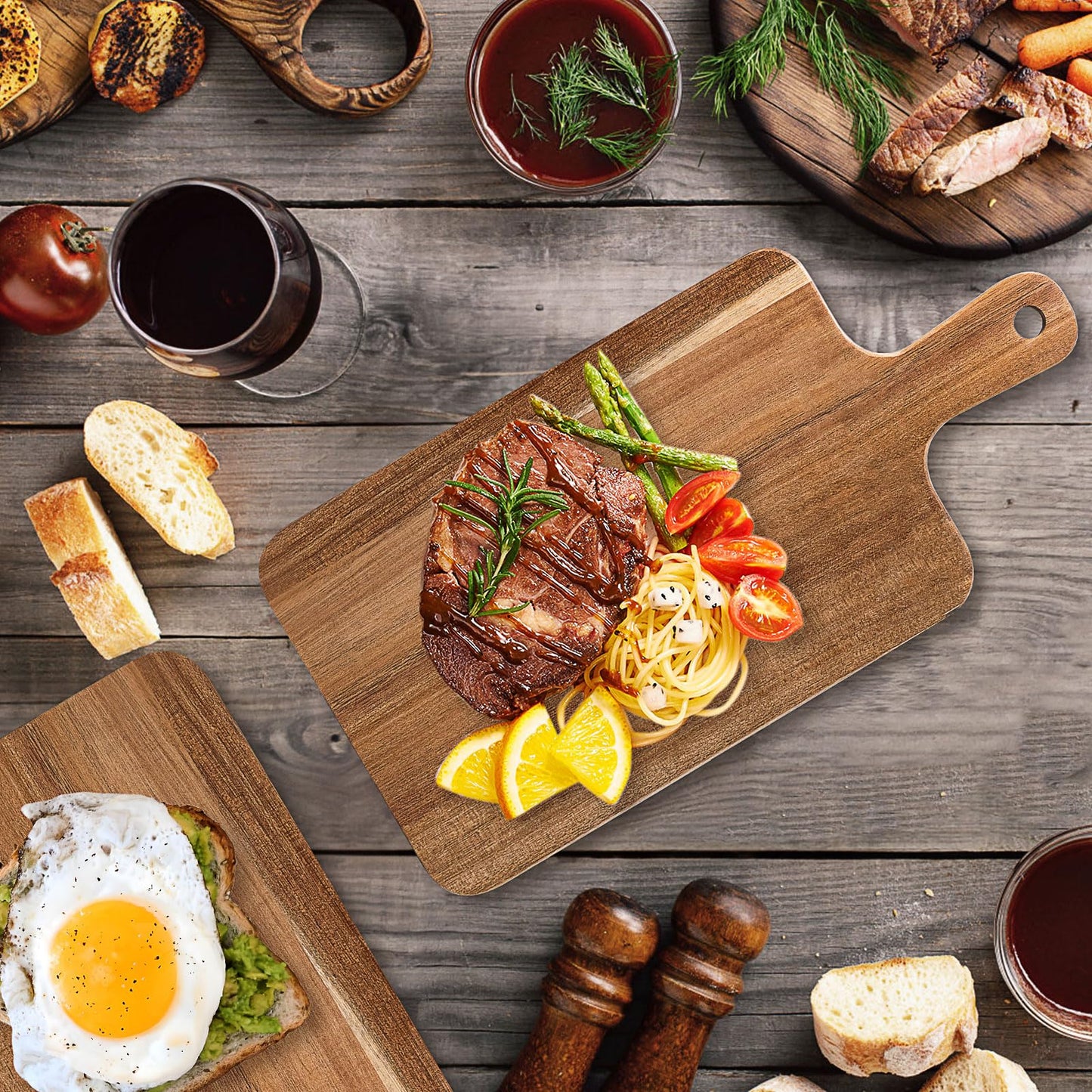 Acacia Wood Cutting Board, 8 Pcs, 15.7 x 7.8 Inch Wooden Serving Board with Handles, Large Kitchen Chopping Boards for Pizza, Bread, Cheese, Charcuterie, Fruit, Vegetables