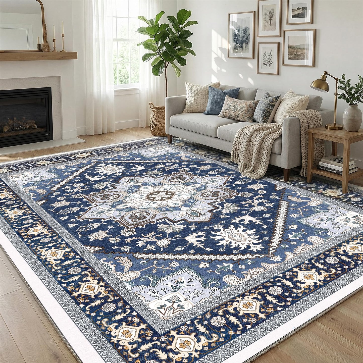 OPPODREAM Soft Area Rug 5x7, 5x7 Rugs for Living Room, Washable Rugs for Bedroom with Non Slip Backing, Faux Cashmere Low-Pile 5 x 7 Carpet, Navy Blue & Golden