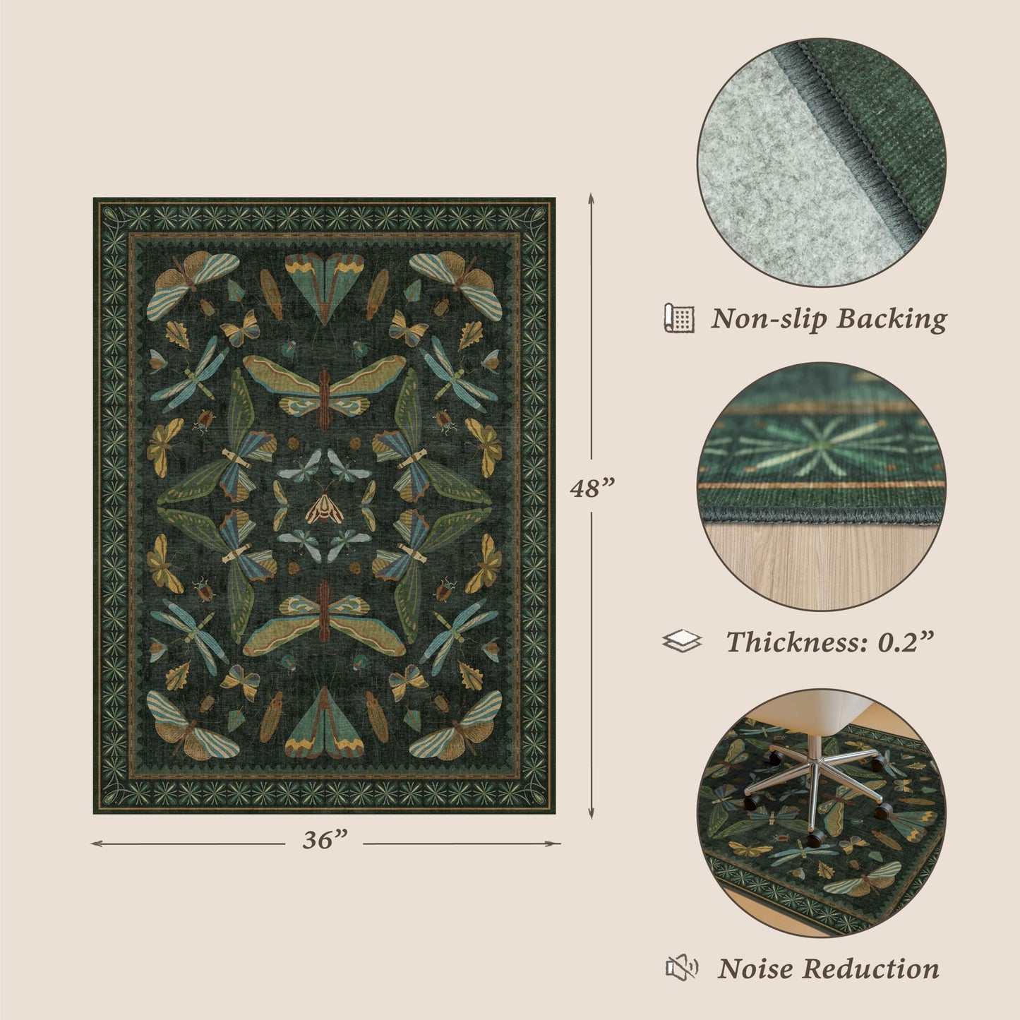 3'x4' Dark Green Office Chair Mat for Computer Gaming Chair, Slip-Resistant Heavy Duty Office Chair Rug, Hardwood & Tile Floor Protector, Washable Ultra Soft Low Pile Bug Rug